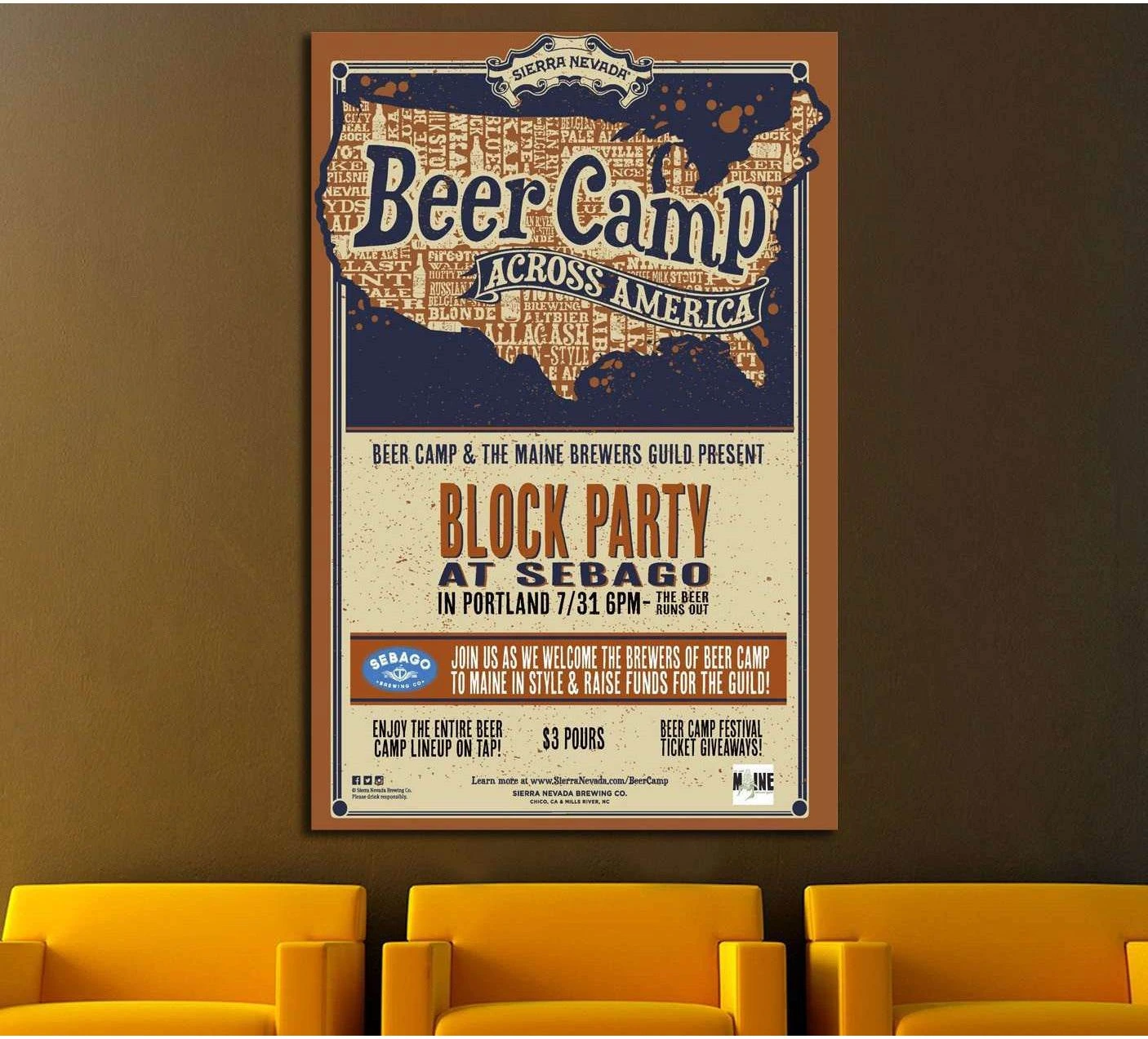 Vintage Beer Camp poster canvas print with USA map and navy orange typography above lounge chairs