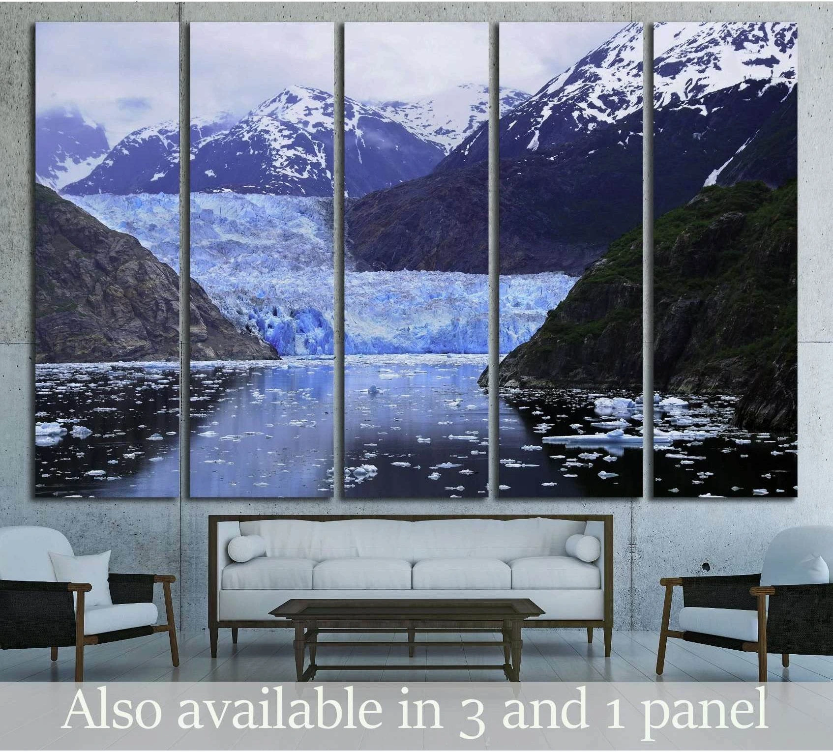 Sawyer Glacier canvas print with blue Alaska fjord, snow-covered peaks, and icebergs above a sofa