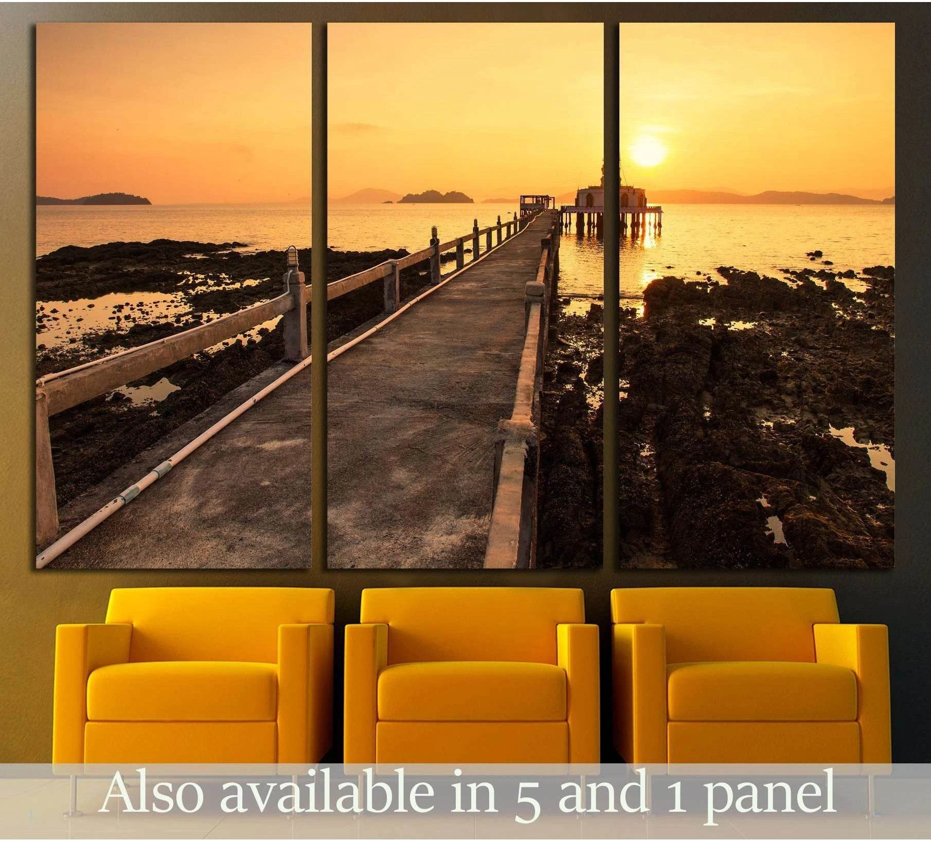 Triptych sunset pier canvas print with golden seascape above yellow chairs
