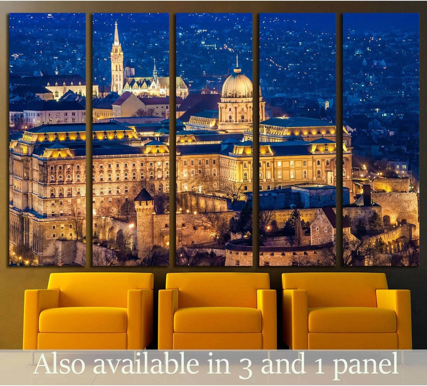 Buda Castle Budapest night canvas print in blue and gold tones displayed as five-panel wall art above yellow chairs