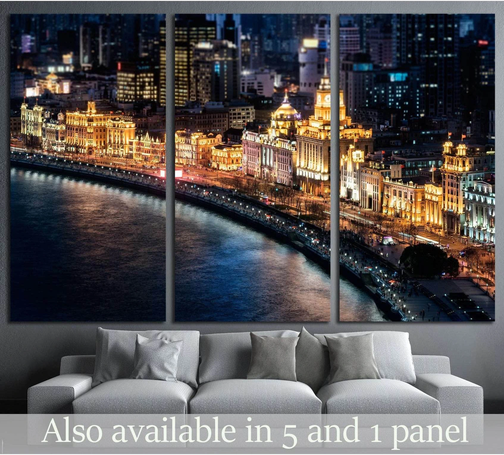 The Bund Shanghai night skyline canvas print in three panels above a sofa