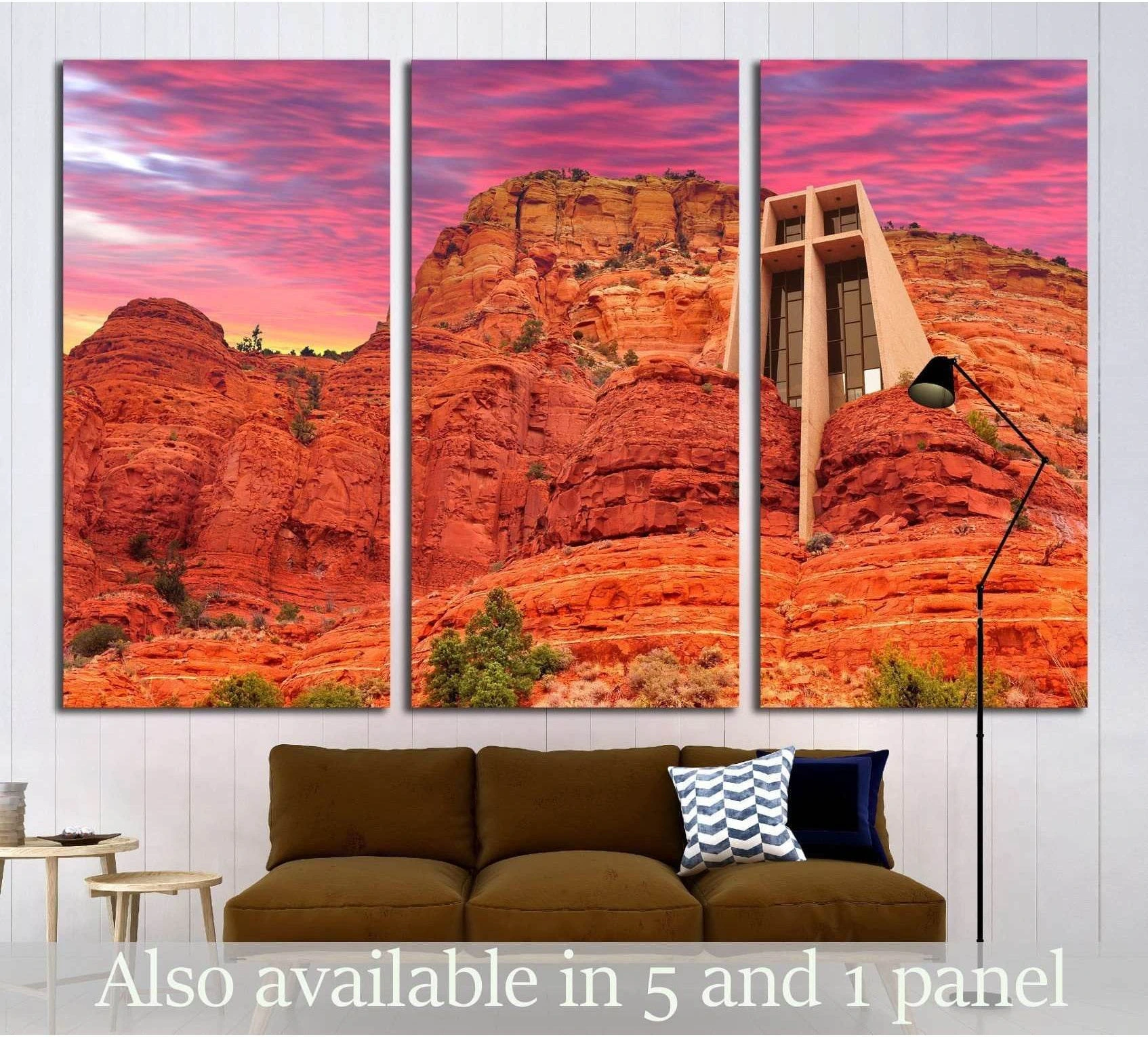 Sedona Chapel triptych canvas print with the Chapel of the Holy Cross in red rock cliffs at sunset above a sofa