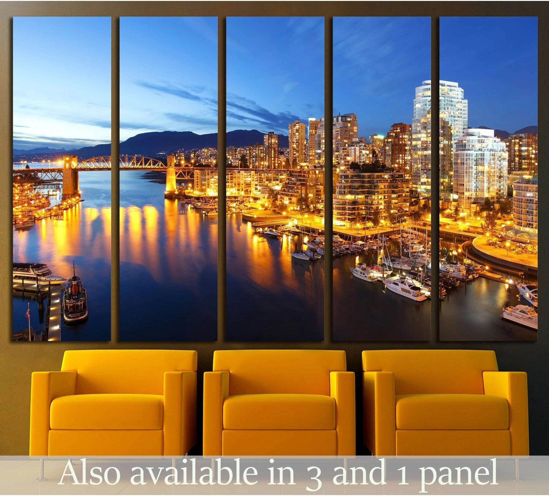 Vancouver skyline canvas print with marina boats, lit harbor, bridge, and mountain backdrop at dusk