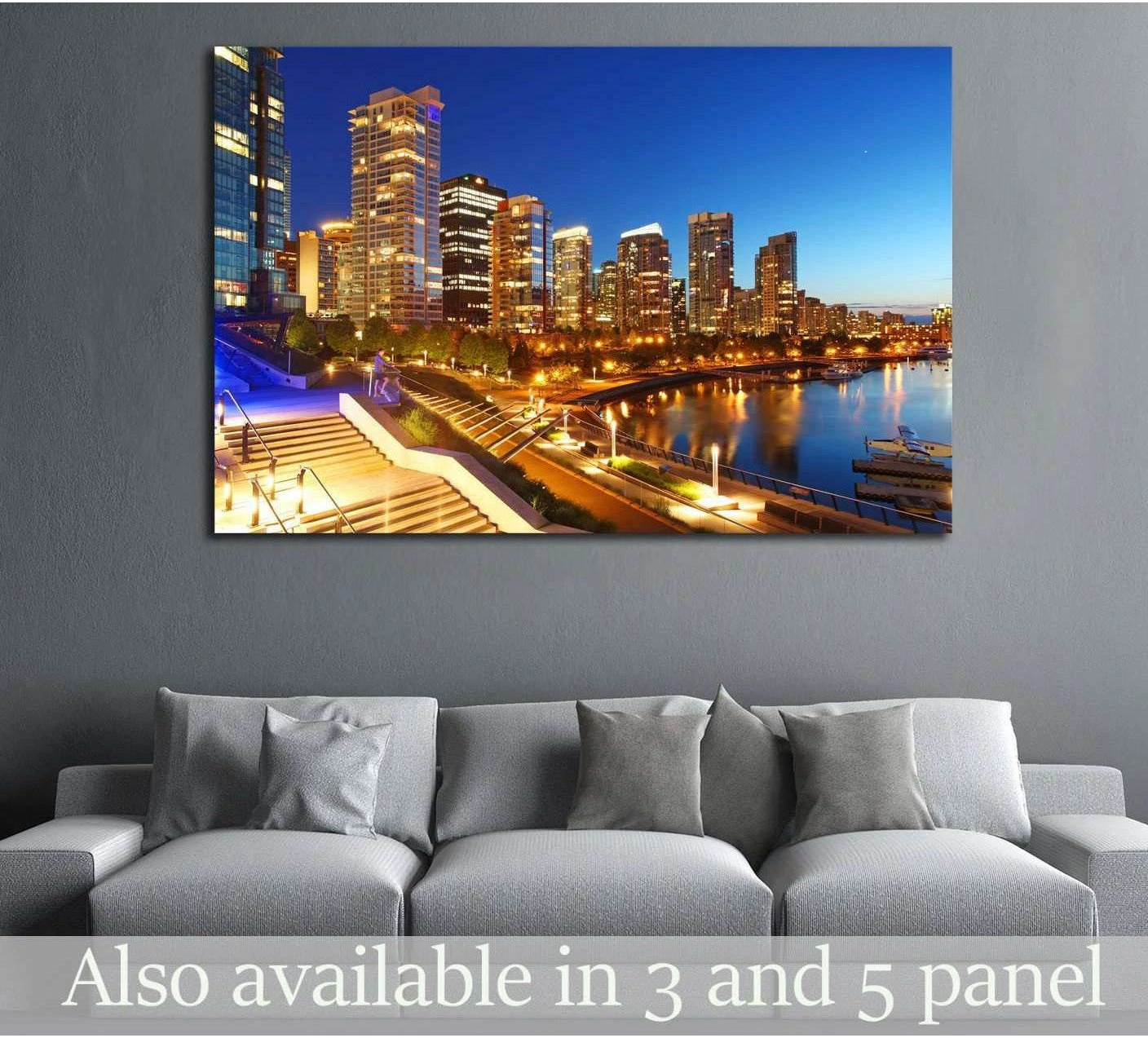 Vancouver skyline canvas print with waterfront lights hung above a sofa in a modern living room