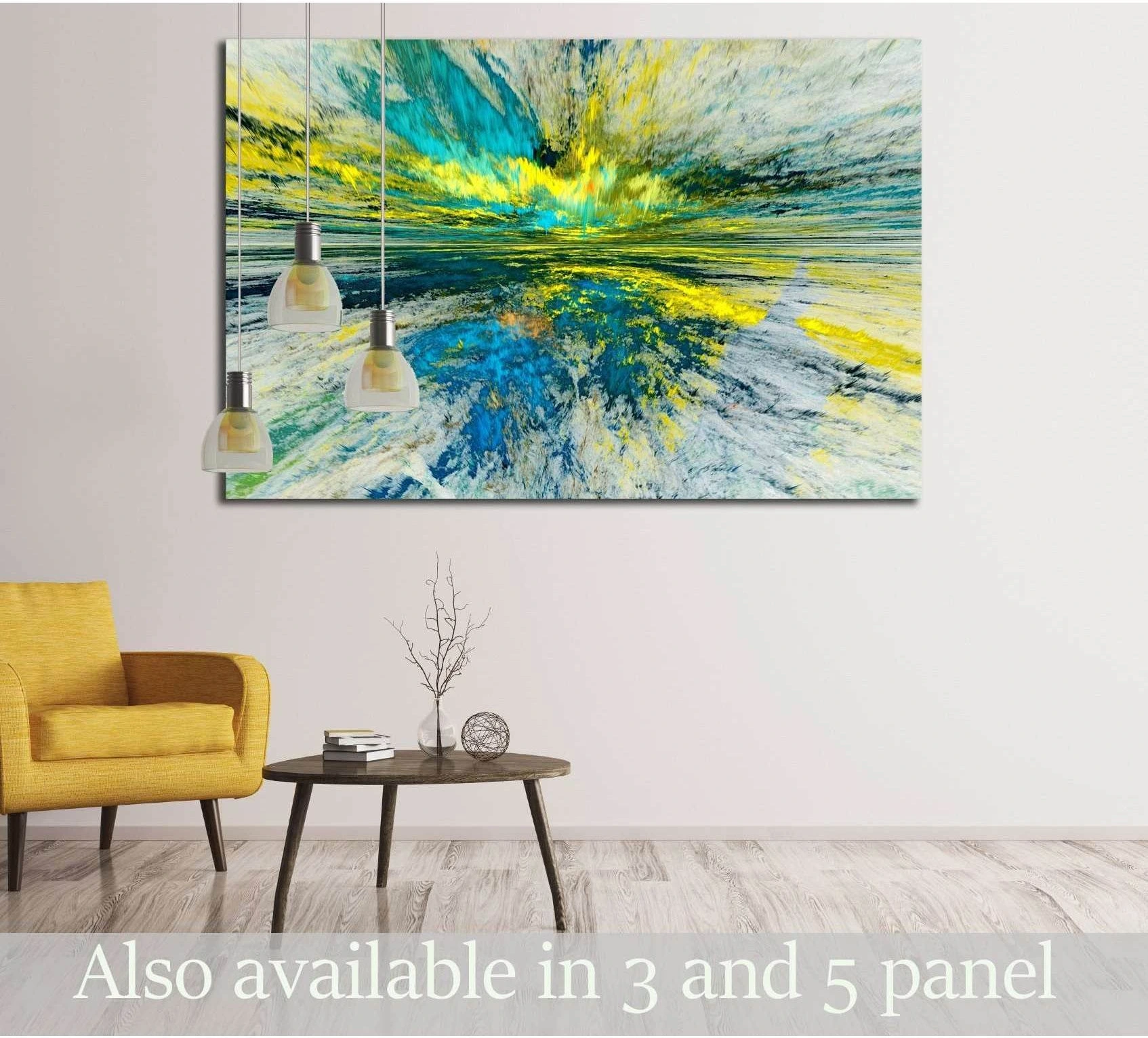 Turquoise and yellow fractal abstract canvas print with horizon-like movement above a table in a modern living room