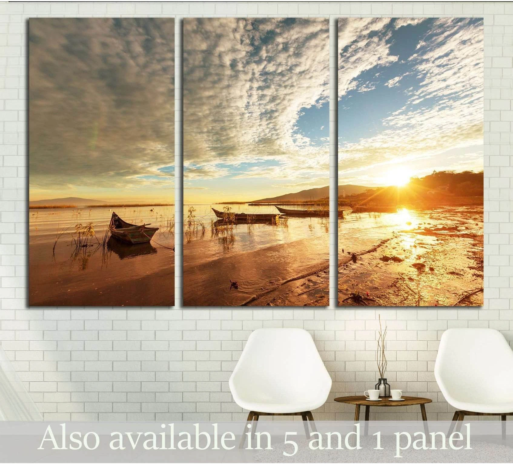 Fishing boats at sunset on a Mexican shoreline triptych canvas print in a coastal living room