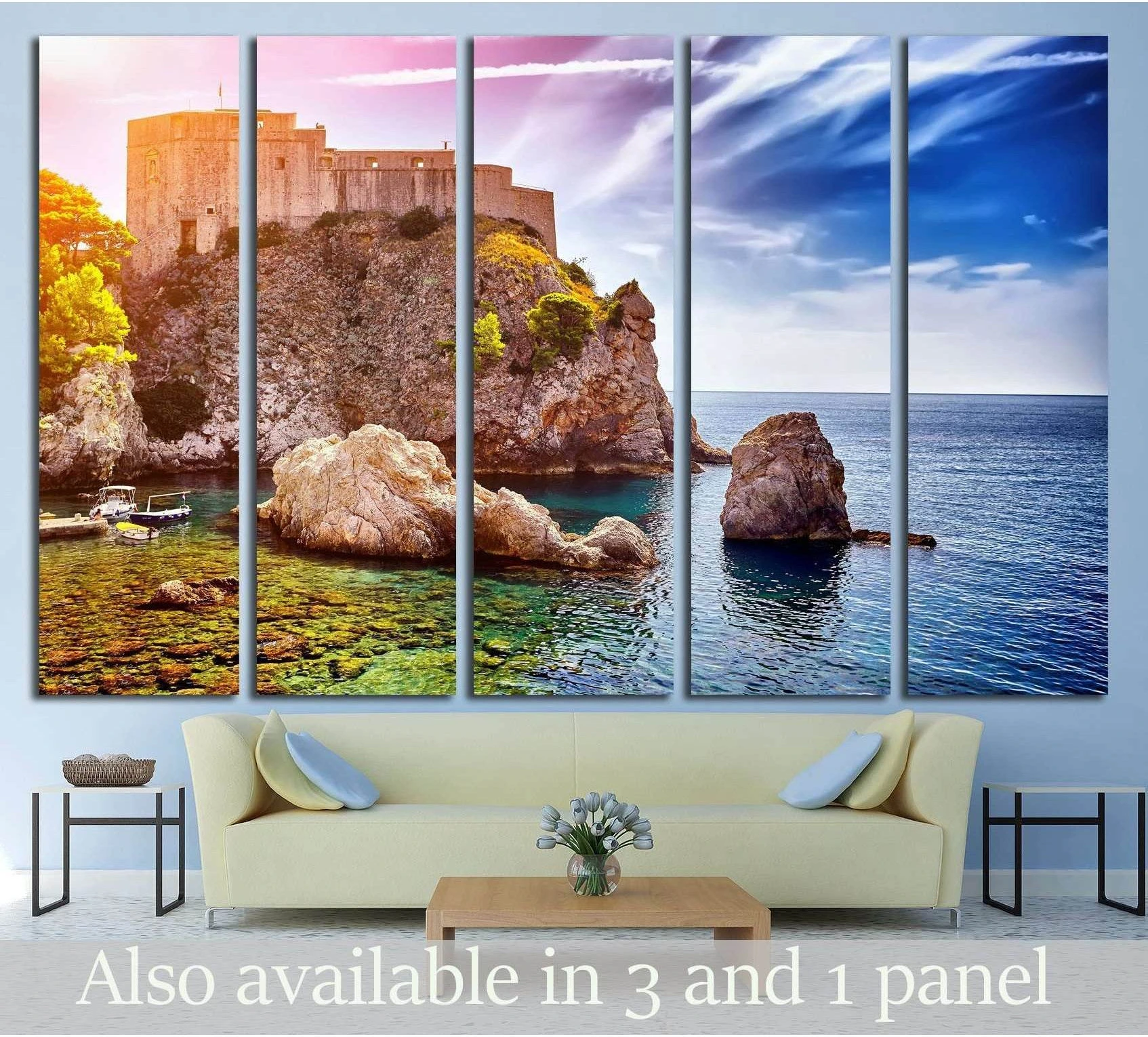 The Fort of St. Lawrence, Fort Lovrjenac in Dubrovnik, Croatia showing blue ocean wall art with water and coastal depth.
