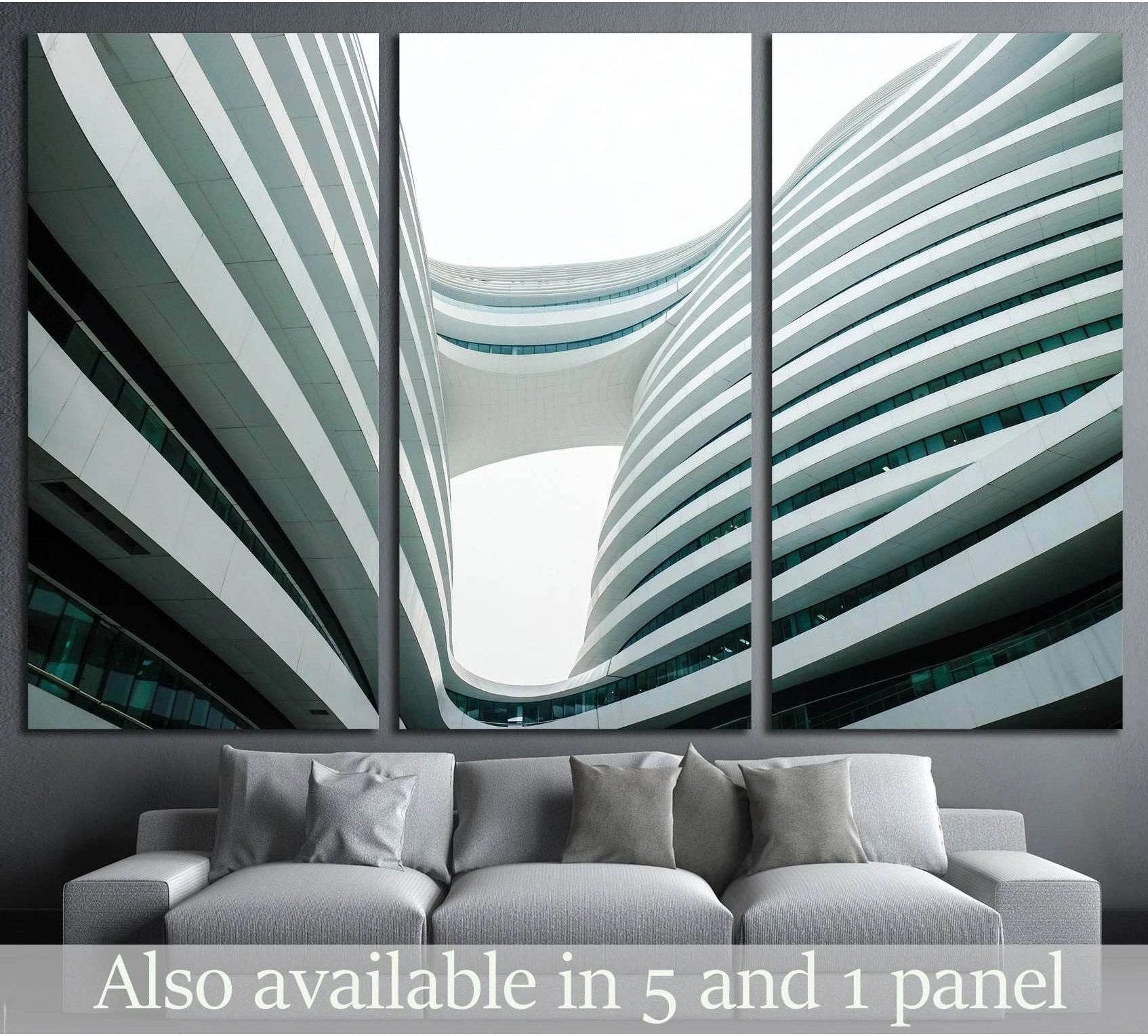 Beijing Galaxy SOHO triptych canvas print with curved white architecture above a sofa