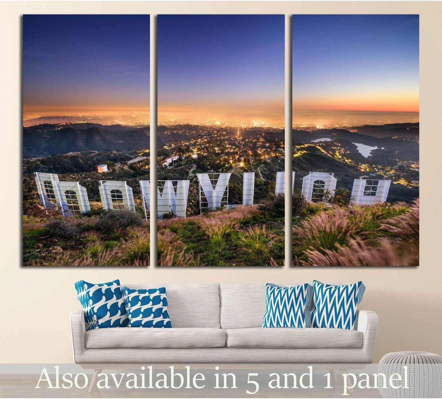 Hollywood Sign triptych canvas print overlooking Los Angeles at sunset above a sofa