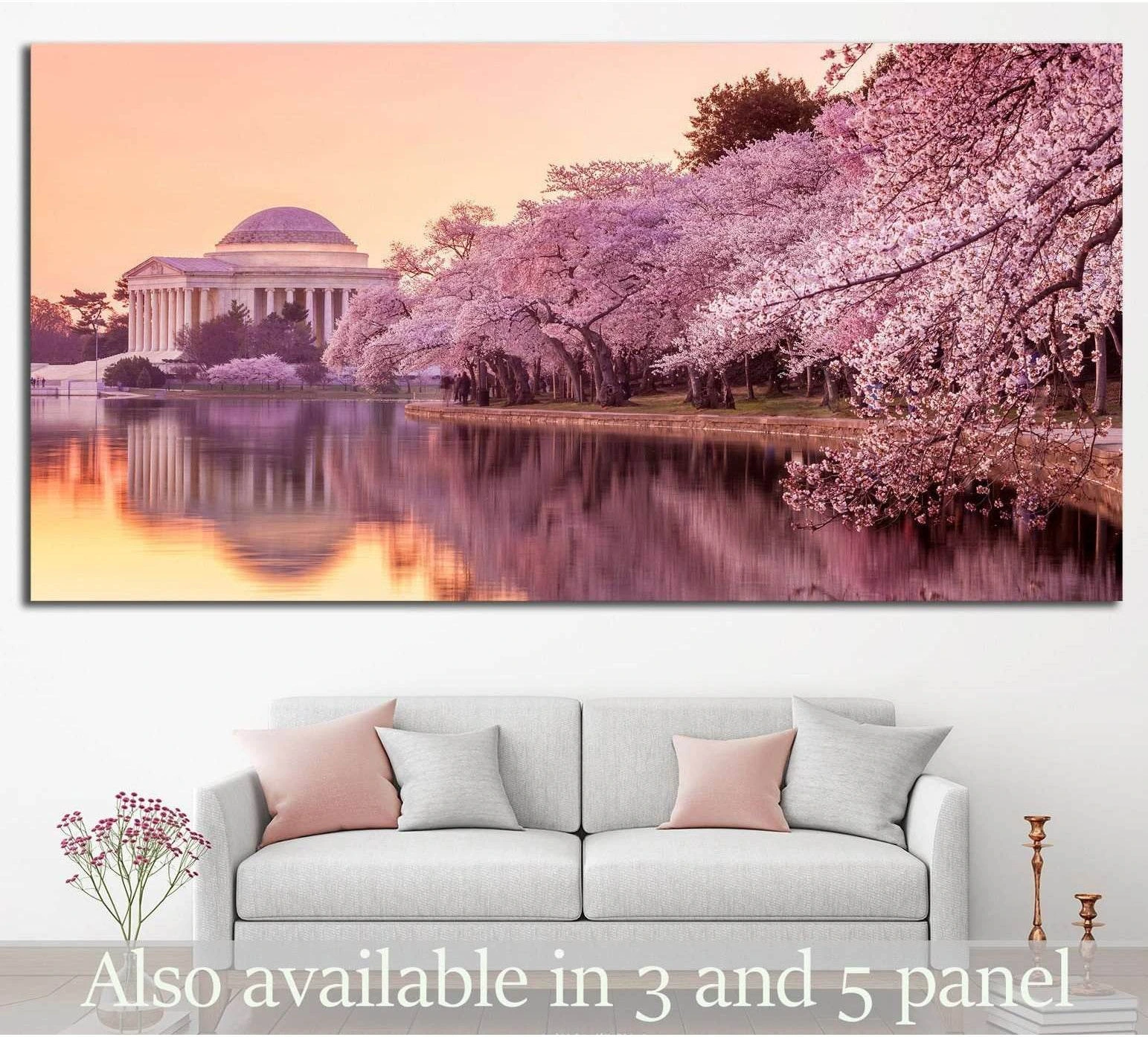 Jefferson Memorial canvas print with pink cherry blossoms above a sofa in a neutral living room