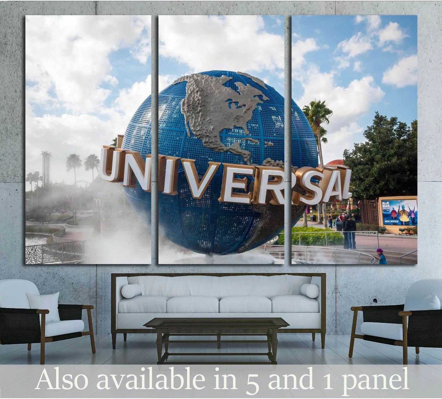 Universal globe triptych canvas print in Orlando above sofa in a modern living room