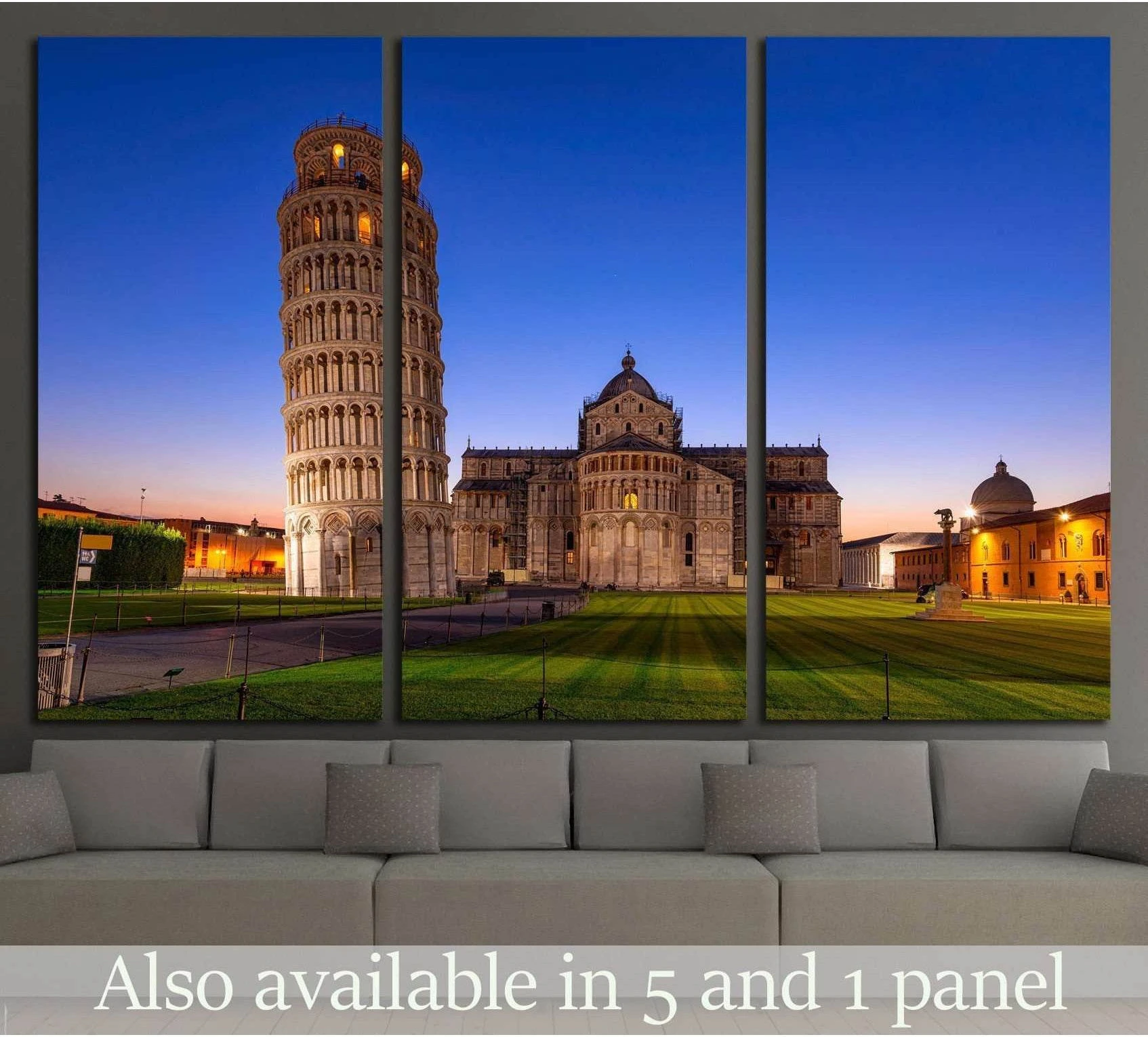 Leaning Tower of Pisa canvas print triptych above sofa with twilight sky and cathedral square