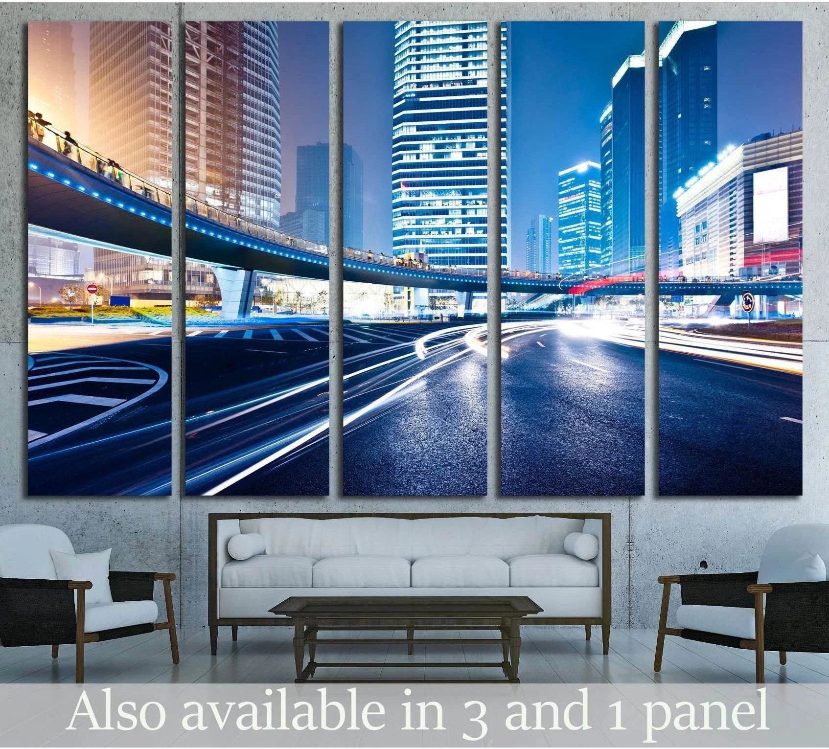 Shanghai skyline canvas print with blue light trails above a sofa in a modern living room