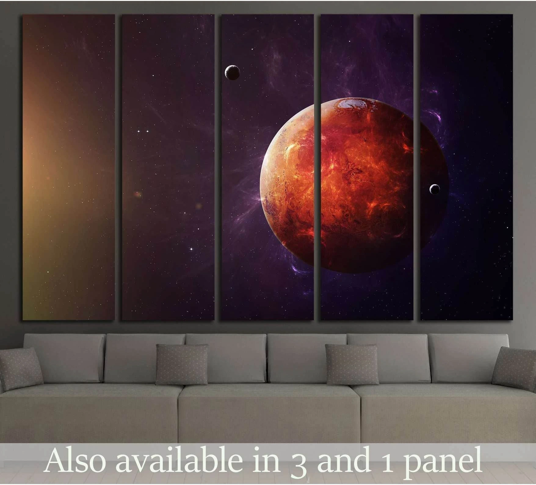 Mars canvas print with glowing red planet on a purple space background, shown as multi-panel wall art above a sofa