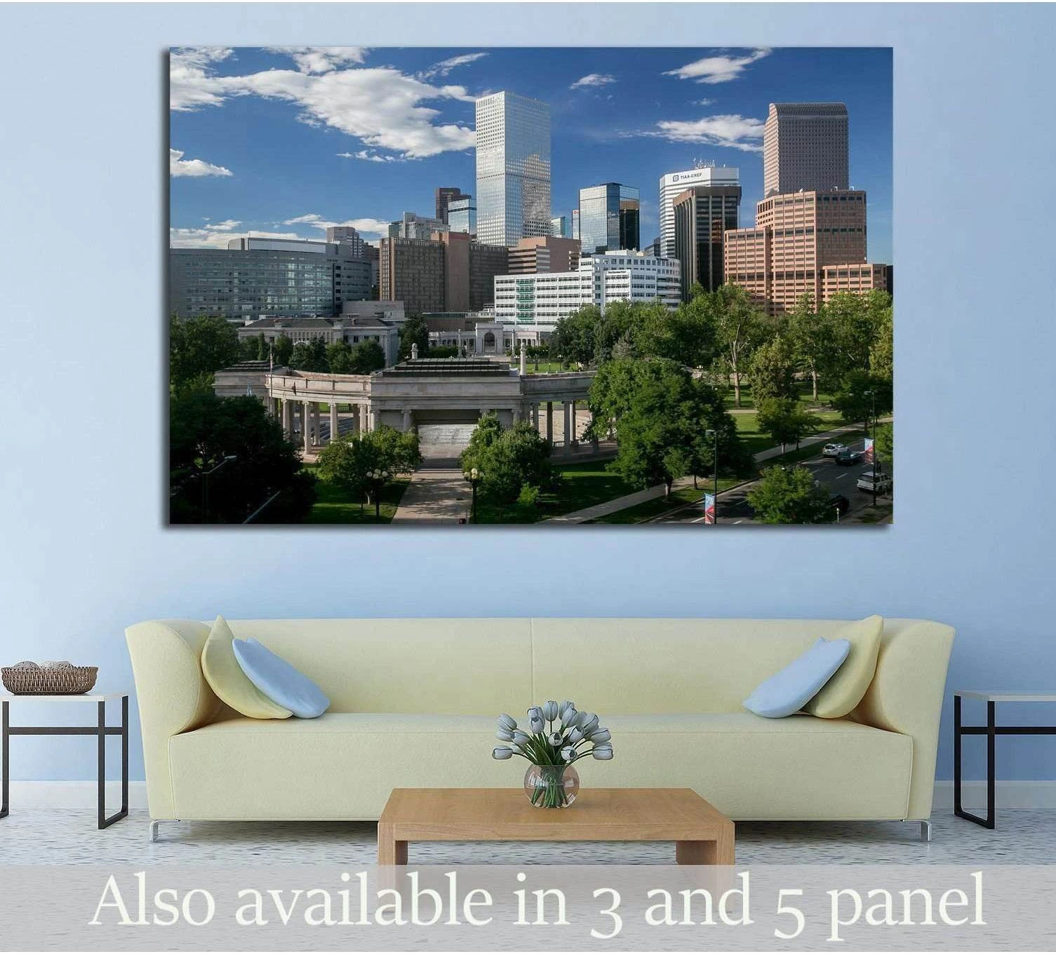 Denver skyline canvas print with downtown towers and park view above a sofa in a modern living room