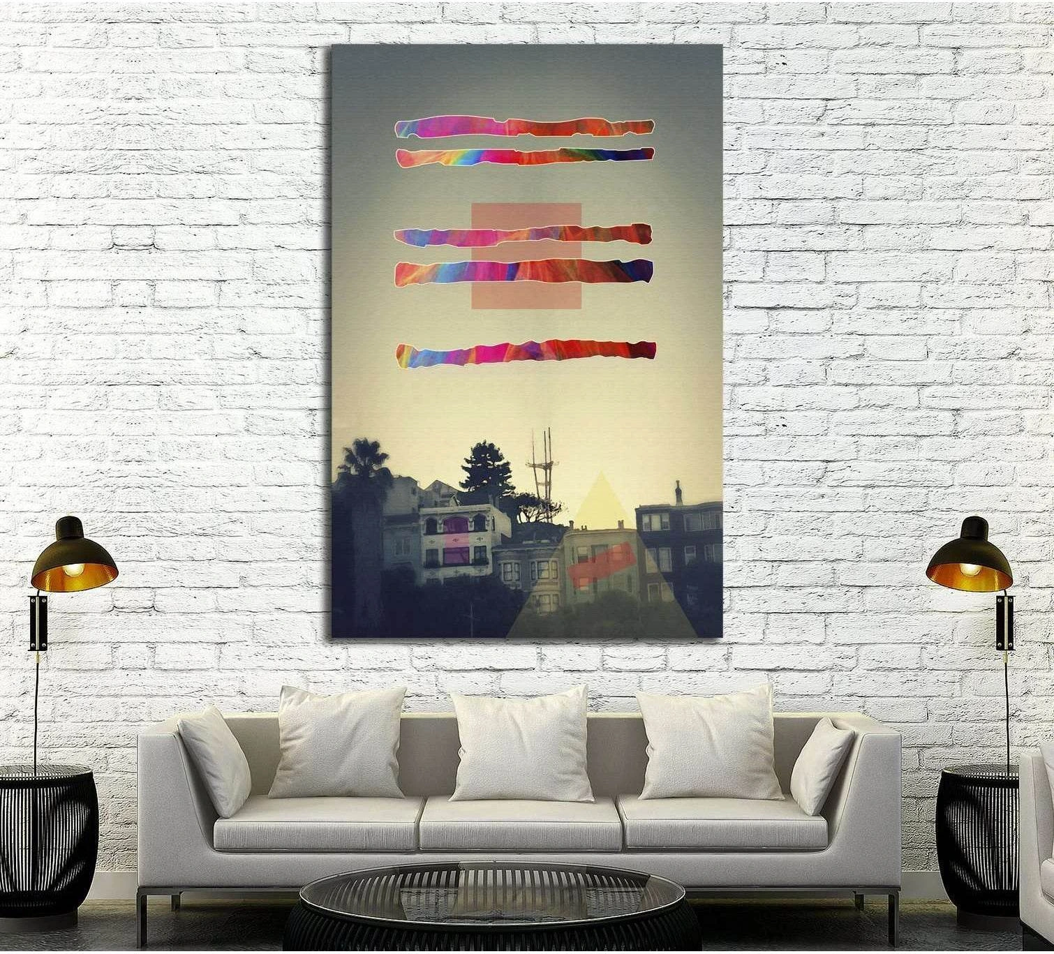Abstract cityscape canvas print with rainbow collage strips above dark silhouetted buildings