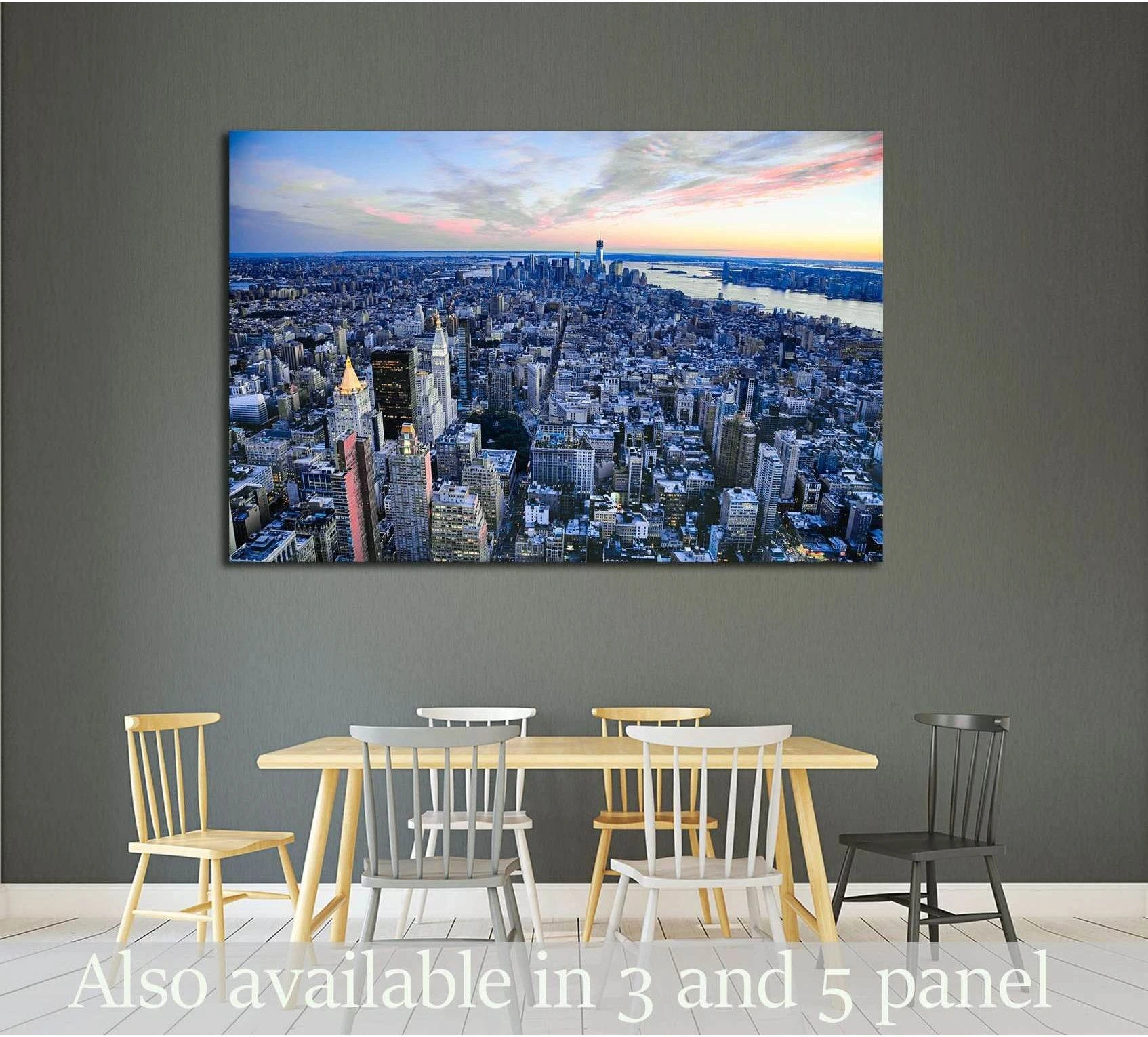 NYC skyline canvas print with Freedom Tower above a dining table in a modern room