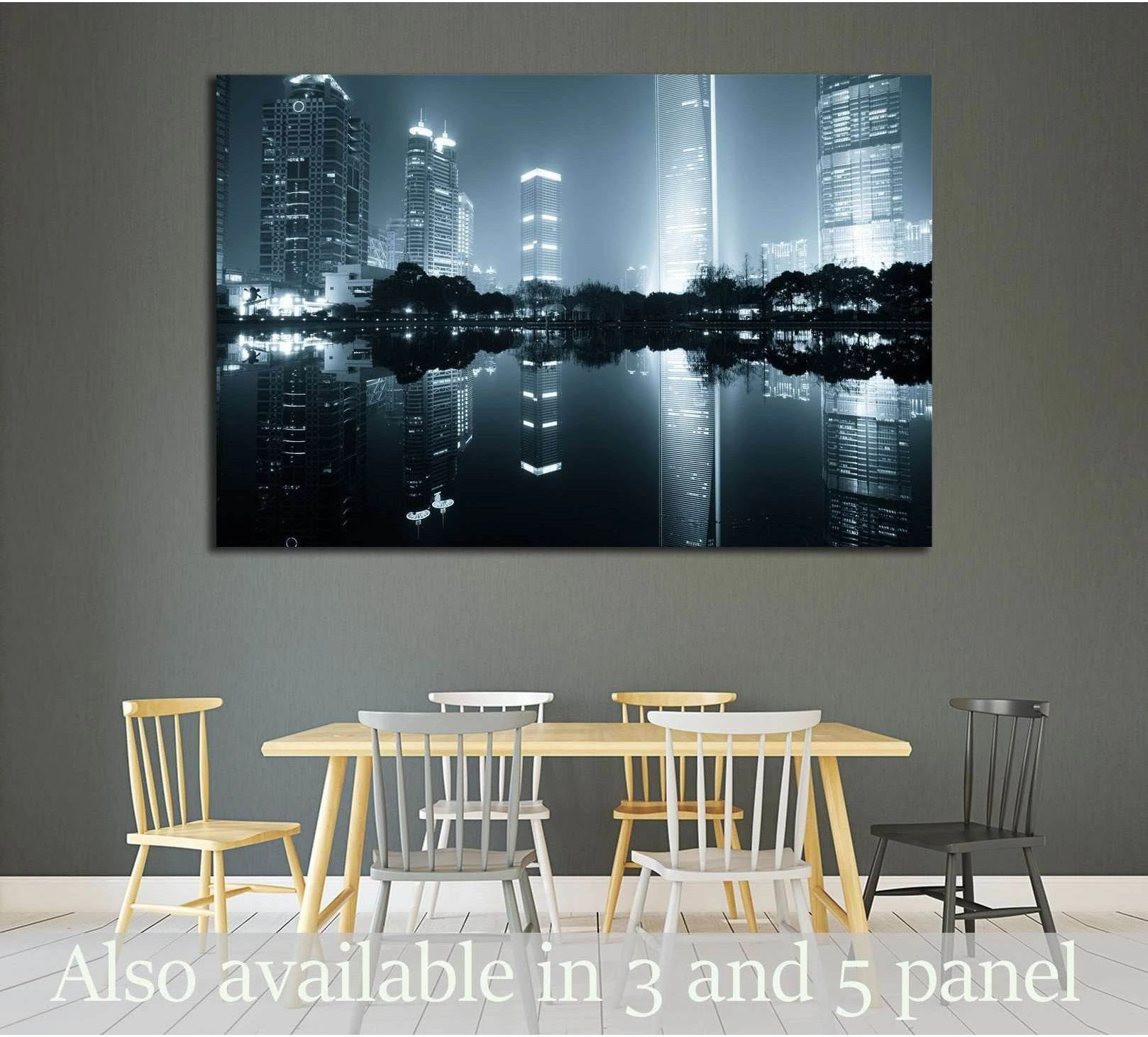 Shanghai Lujiazui skyline canvas print with glowing skyscrapers reflected over dark water