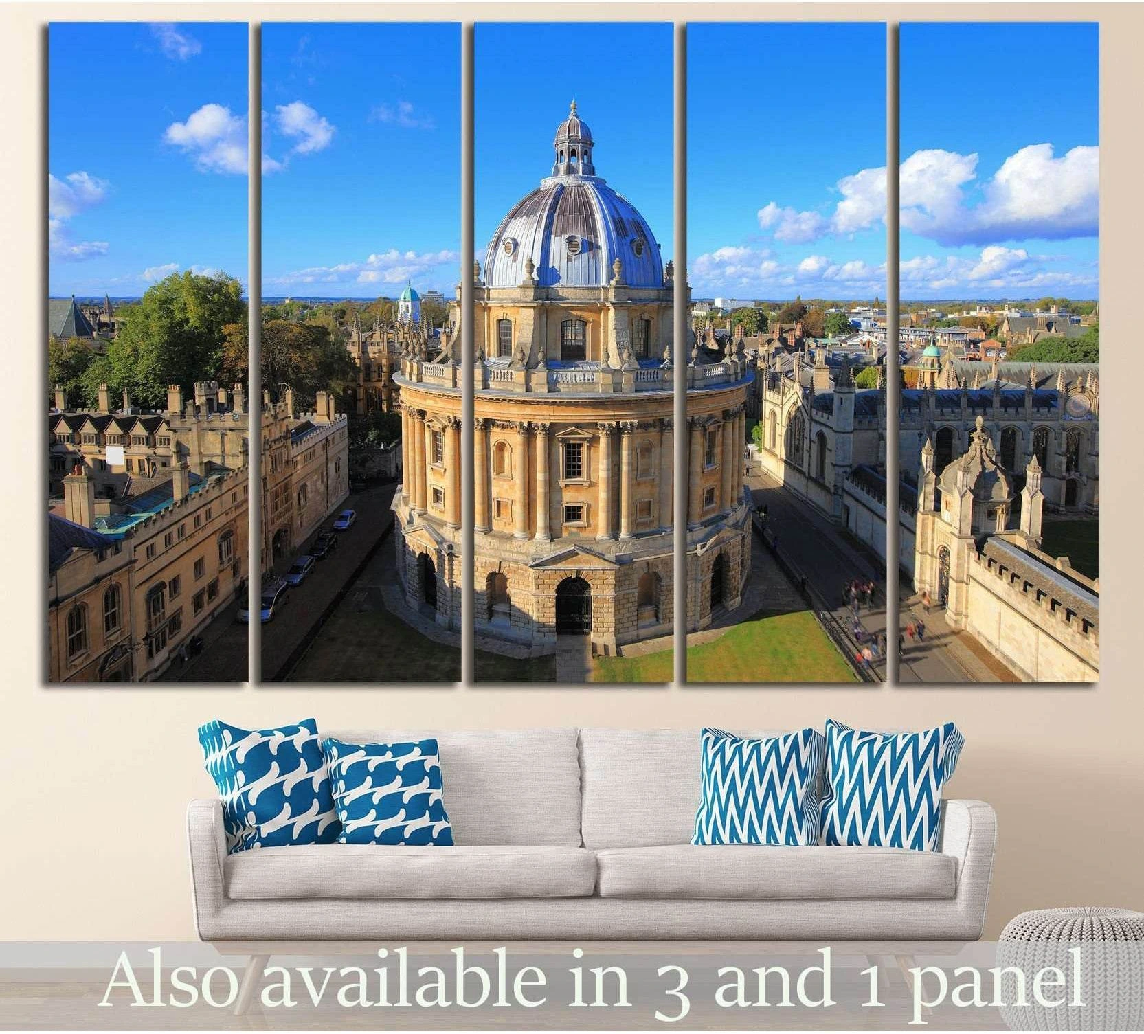 Five-panel Oxford Radcliffe Camera canvas print above a sofa in a study-style living room