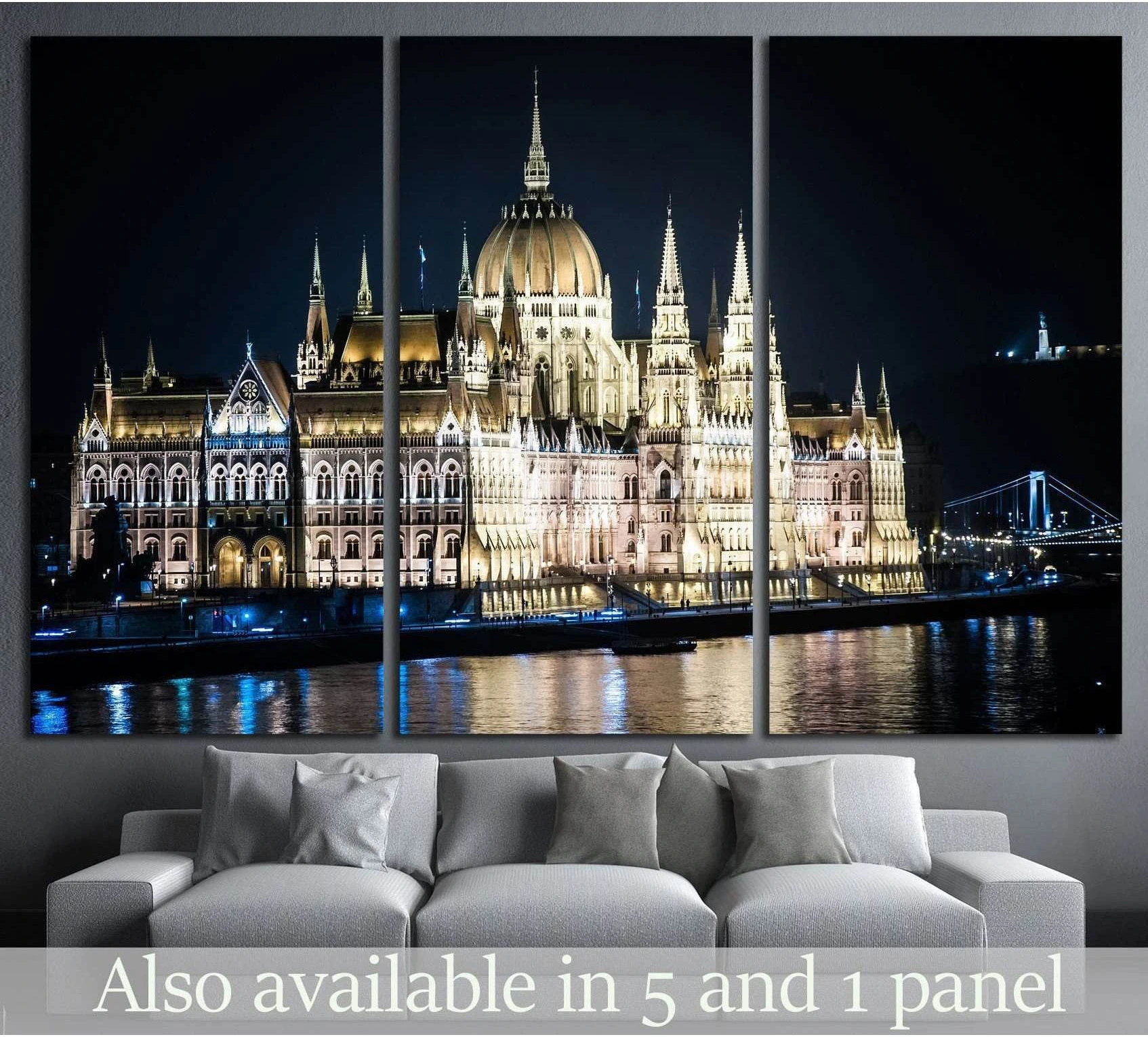 Budapest Parliament at night triptych canvas print above sofa in modern living room