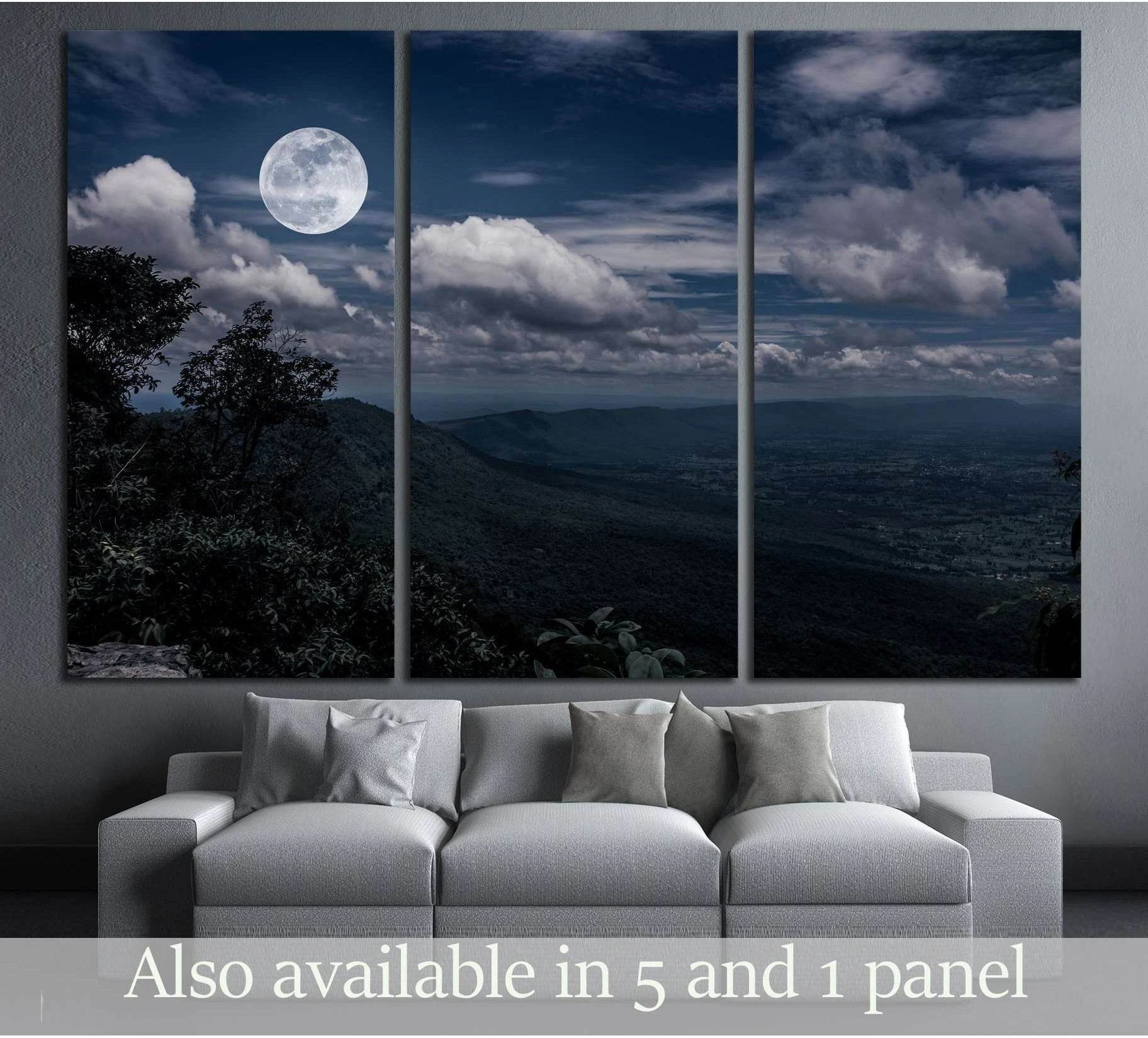 Moonlit mountain valley triptych canvas print with full moon and clouds above a sofa