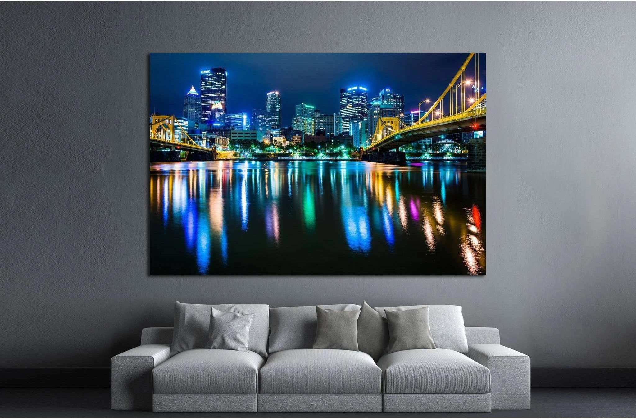 The Pittsburgh skyline, Allegheny River at night, Pennsylvania №1705 Ready to Hang Canvas Print - Zellart Canvas Prints ALL_Products, s-1705
