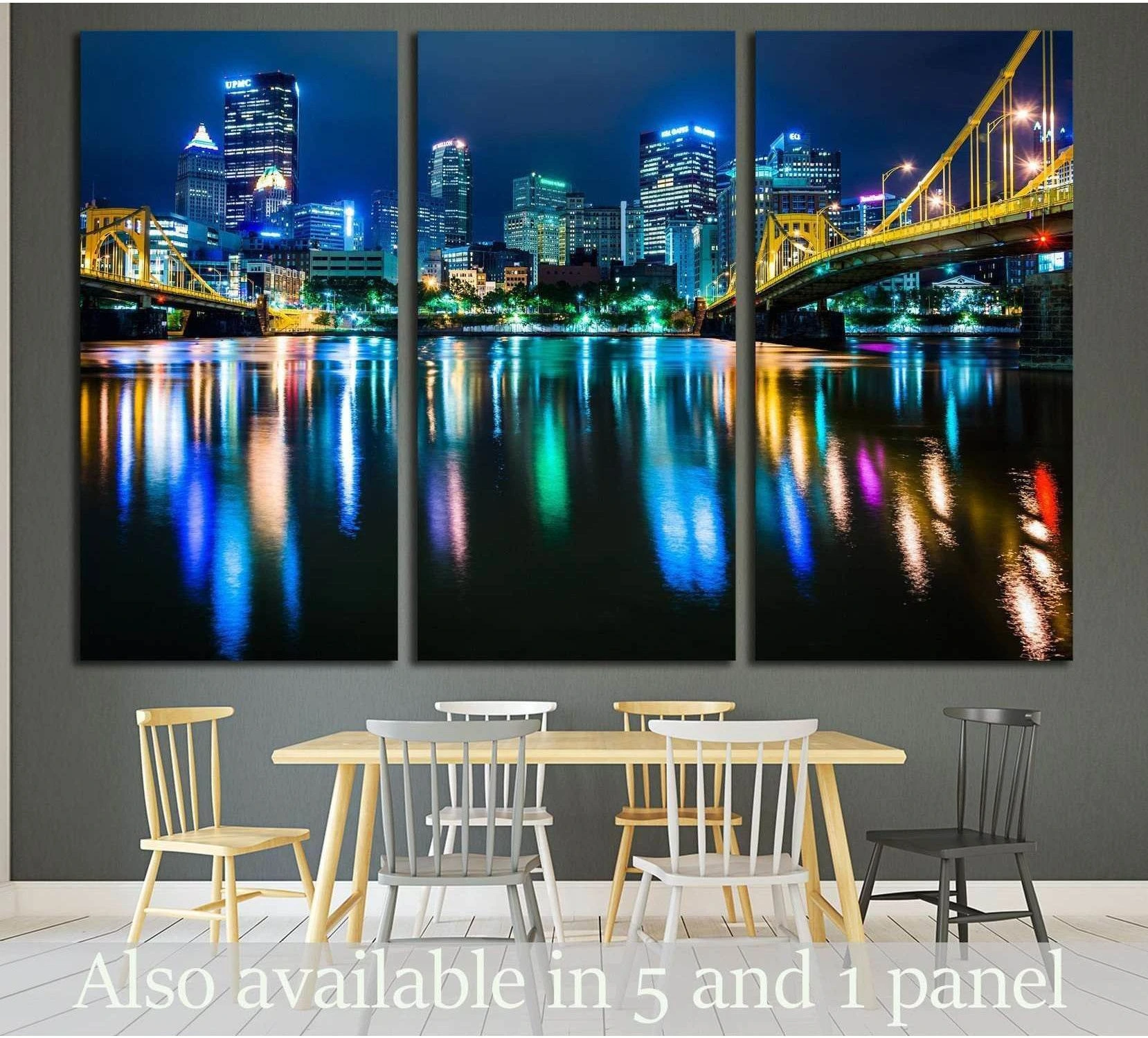 Pittsburgh skyline triptych canvas print with yellow bridge and river reflections at night