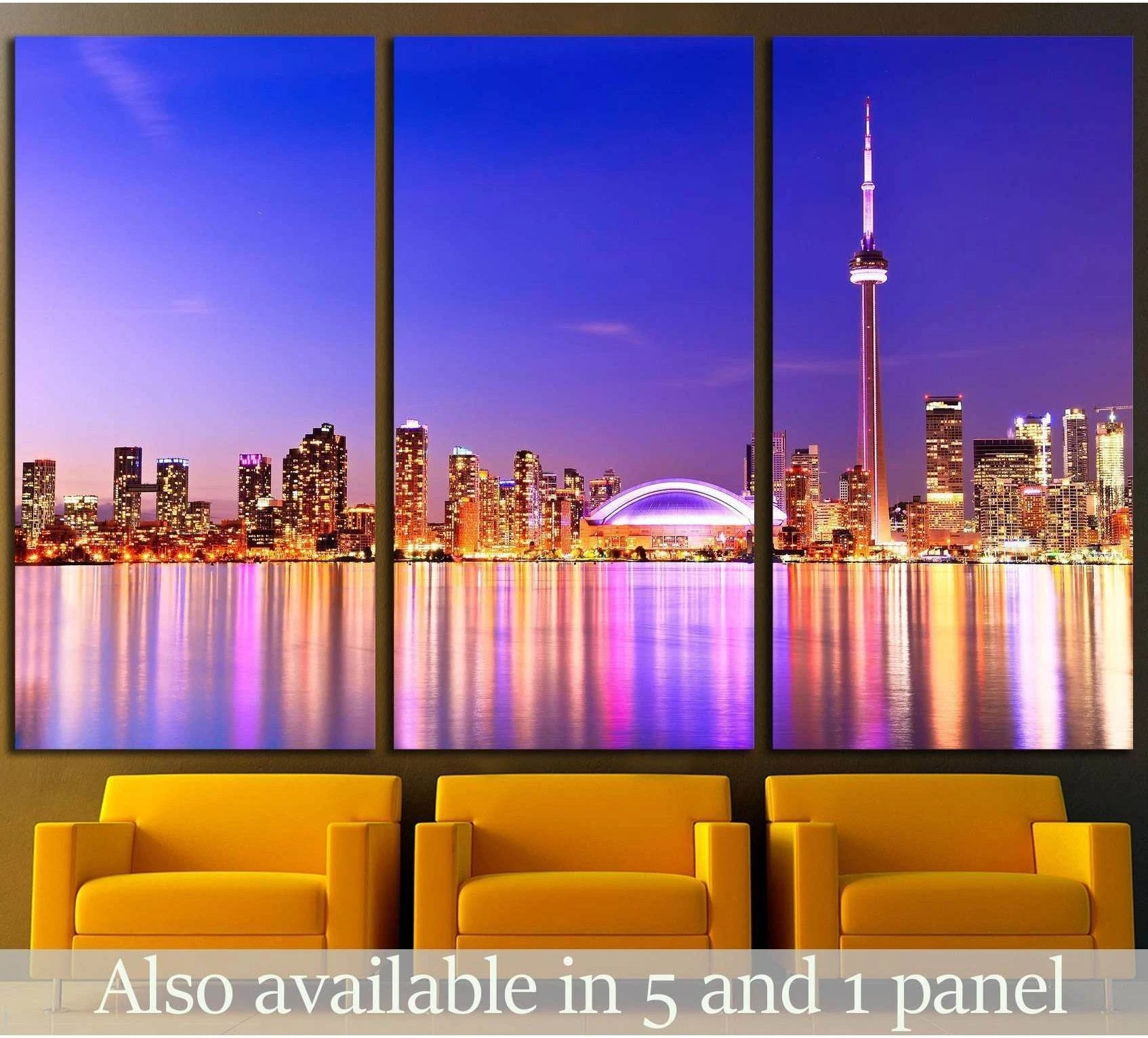 Toronto skyline triptych canvas print with CN Tower above chairs in a modern lounge