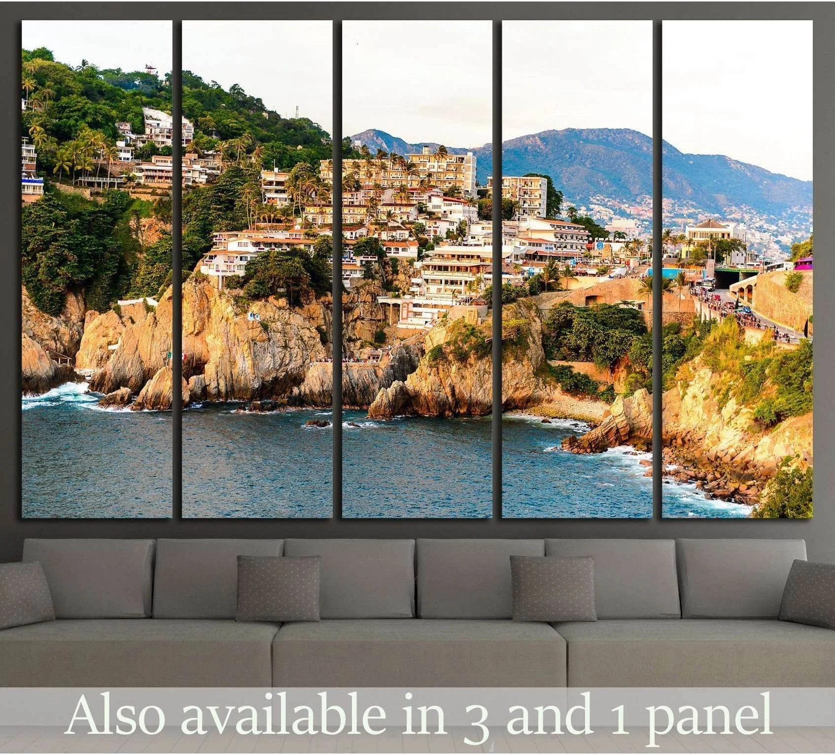 La Quebrada Acapulco canvas print with cliffside homes above the ocean in a modern living room