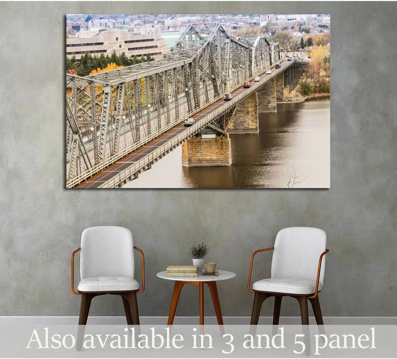 Royal Alexandra Bridge Ottawa canvas print above two chairs in a modern gray room