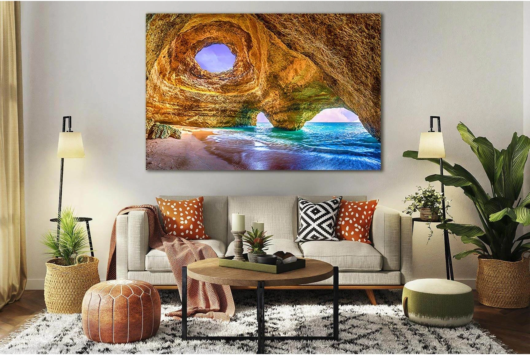 Ochre Sea Cave Ocean Scene Canvas Print for Coastal Walls showing sea water, shoreline and horizon depth.