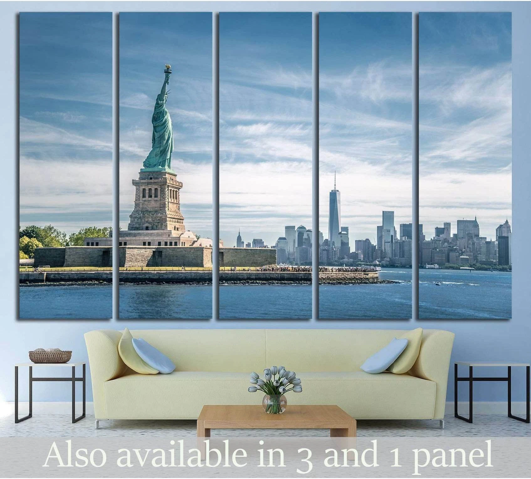 Statue of Liberty and Manhattan skyline canvas print in a 5-panel layout above a sofa