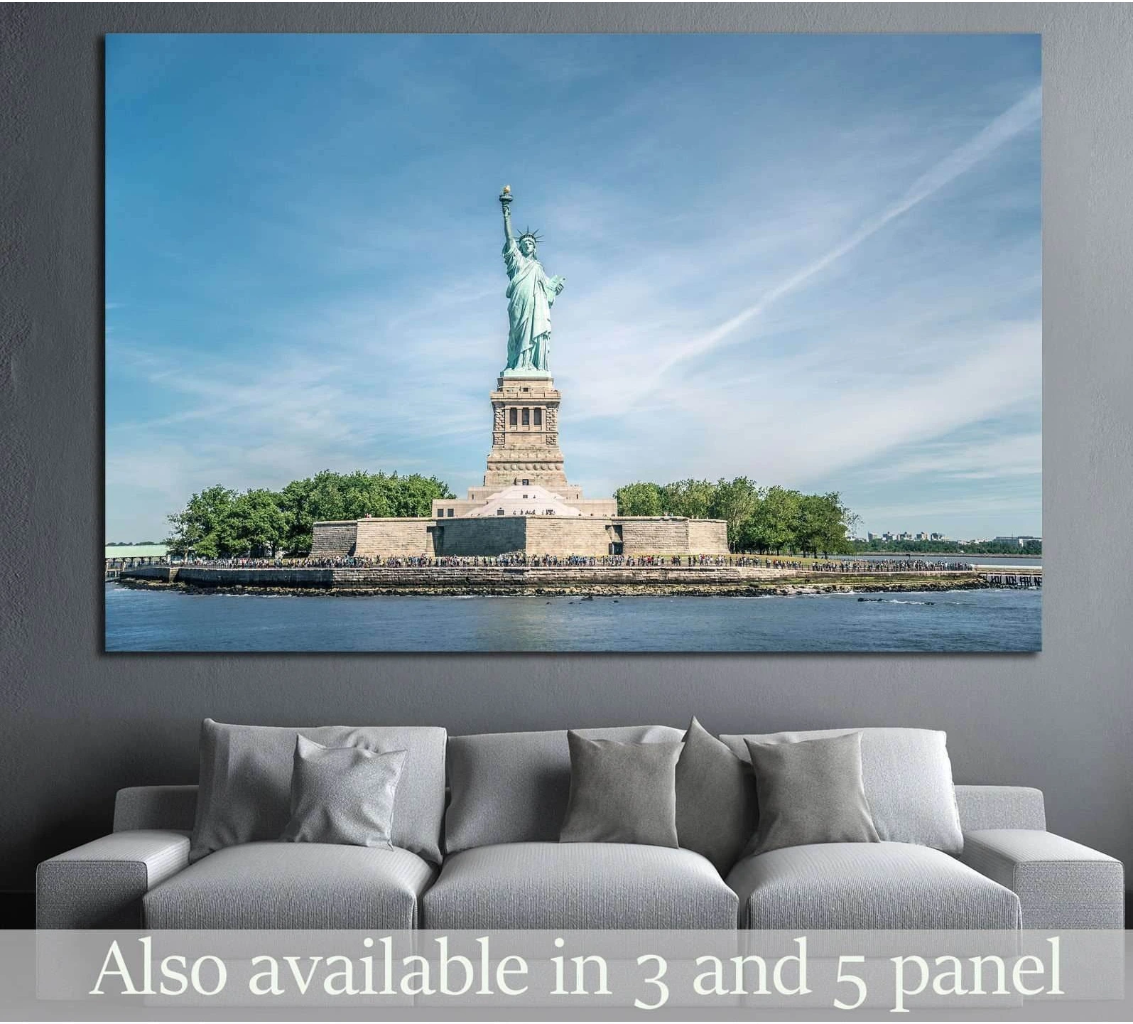 Statue of Liberty canvas print above sofa with New York Harbor and blue sky in modern living room