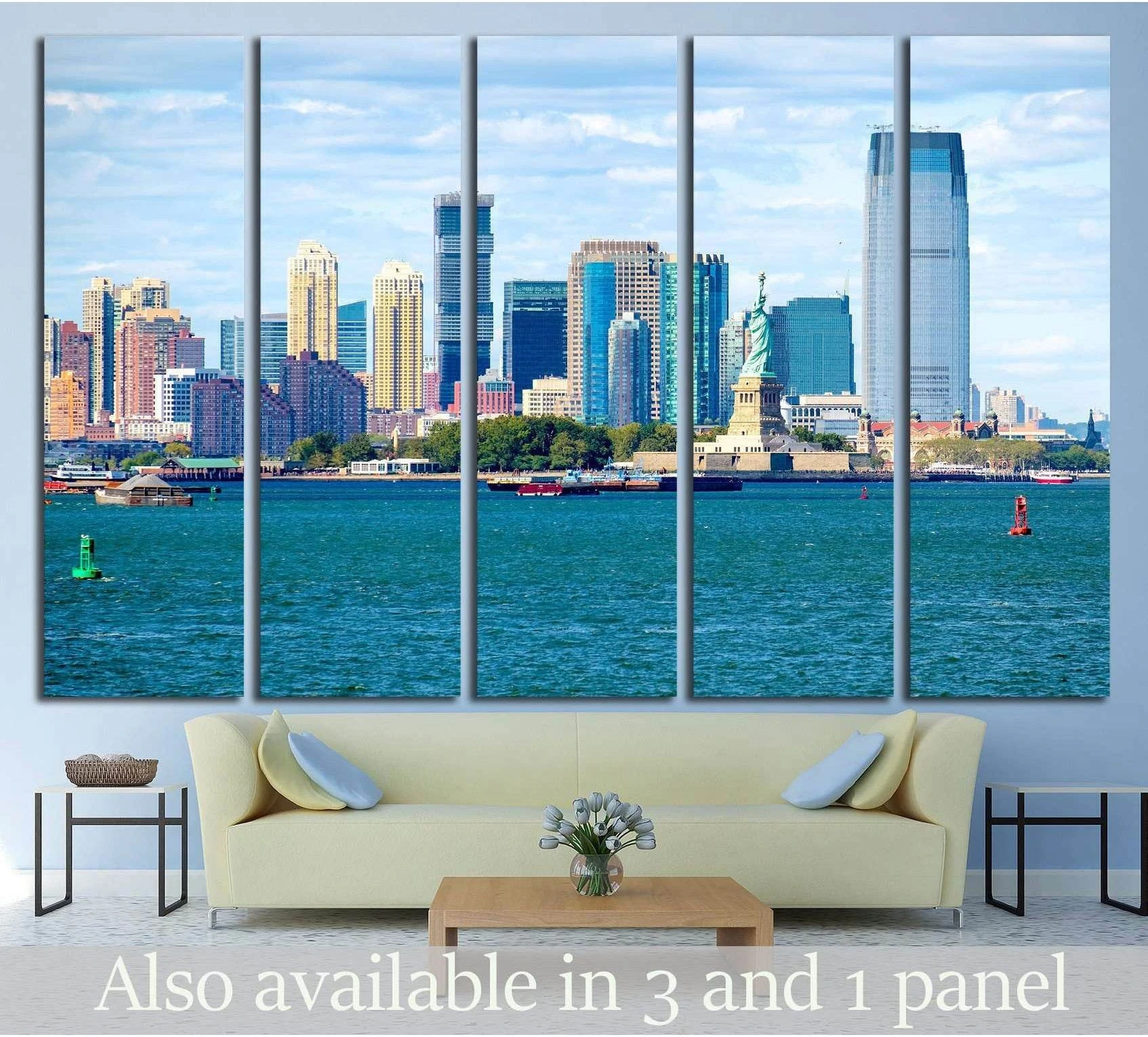Statue of Liberty canvas print with New York skyline across blue harbor water above a sofa