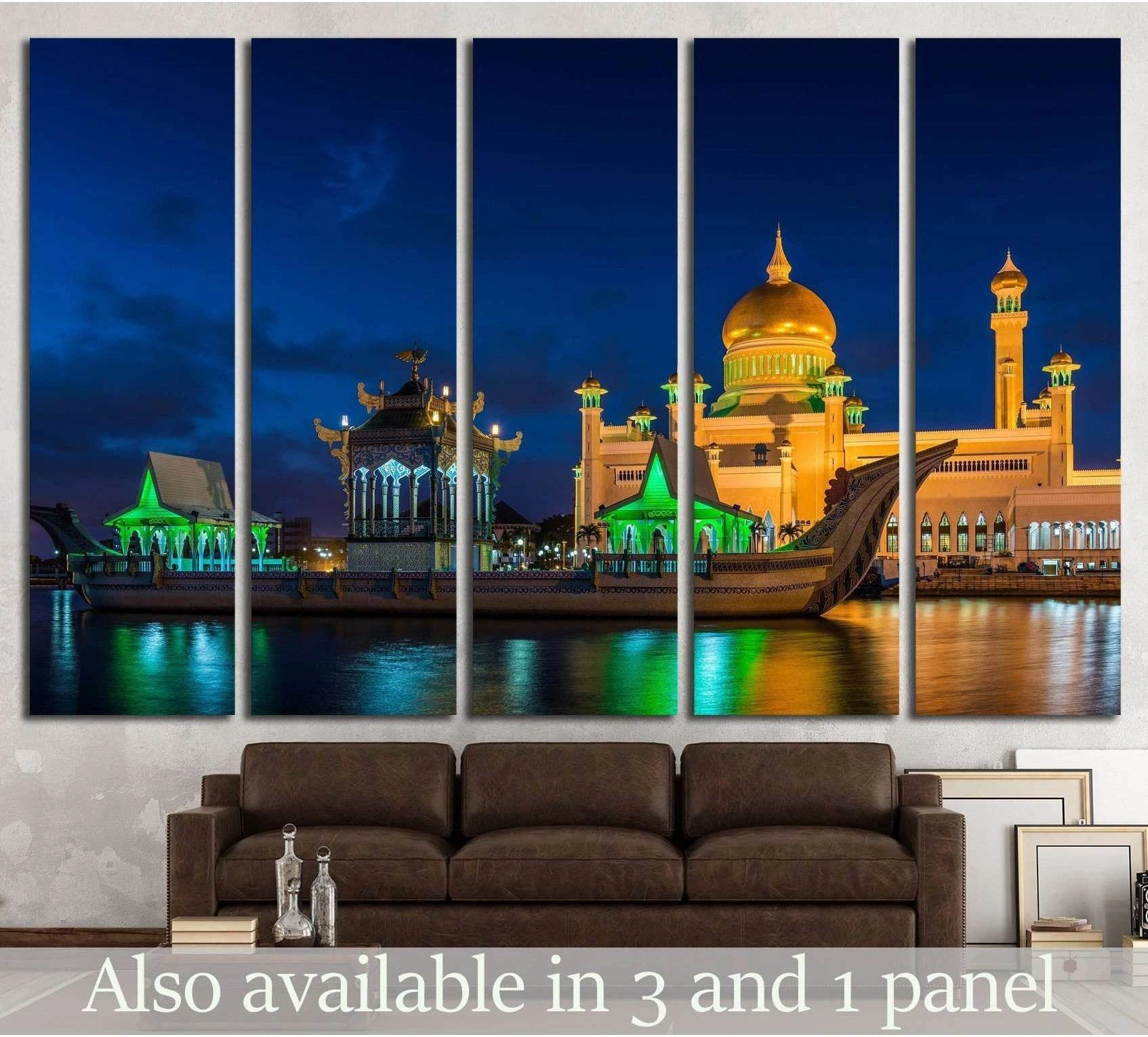 Sultan Omar Ali Saifuddin Mosque canvas print with gold dome and night reflections above a sofa