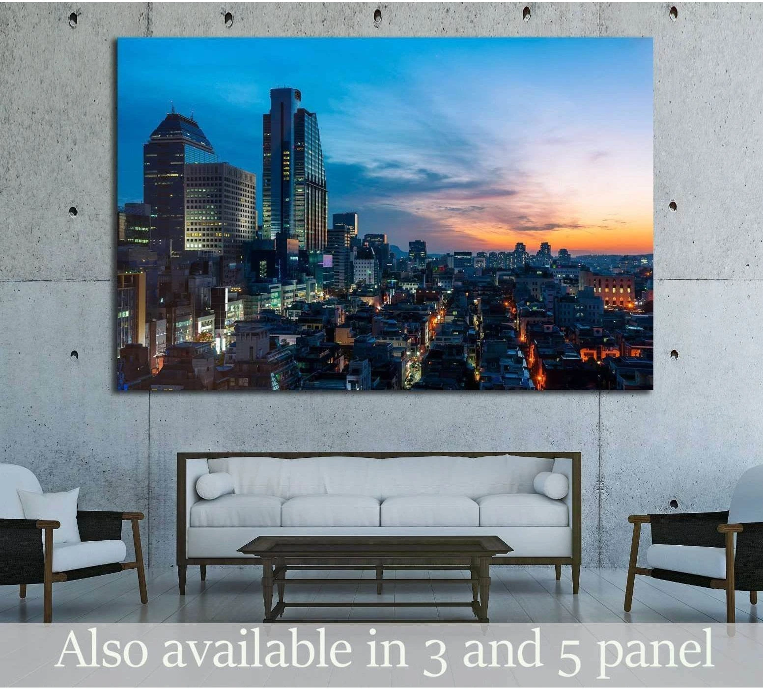 Seoul Gangnam skyline canvas print at sunset hung above a sofa in a modern living room