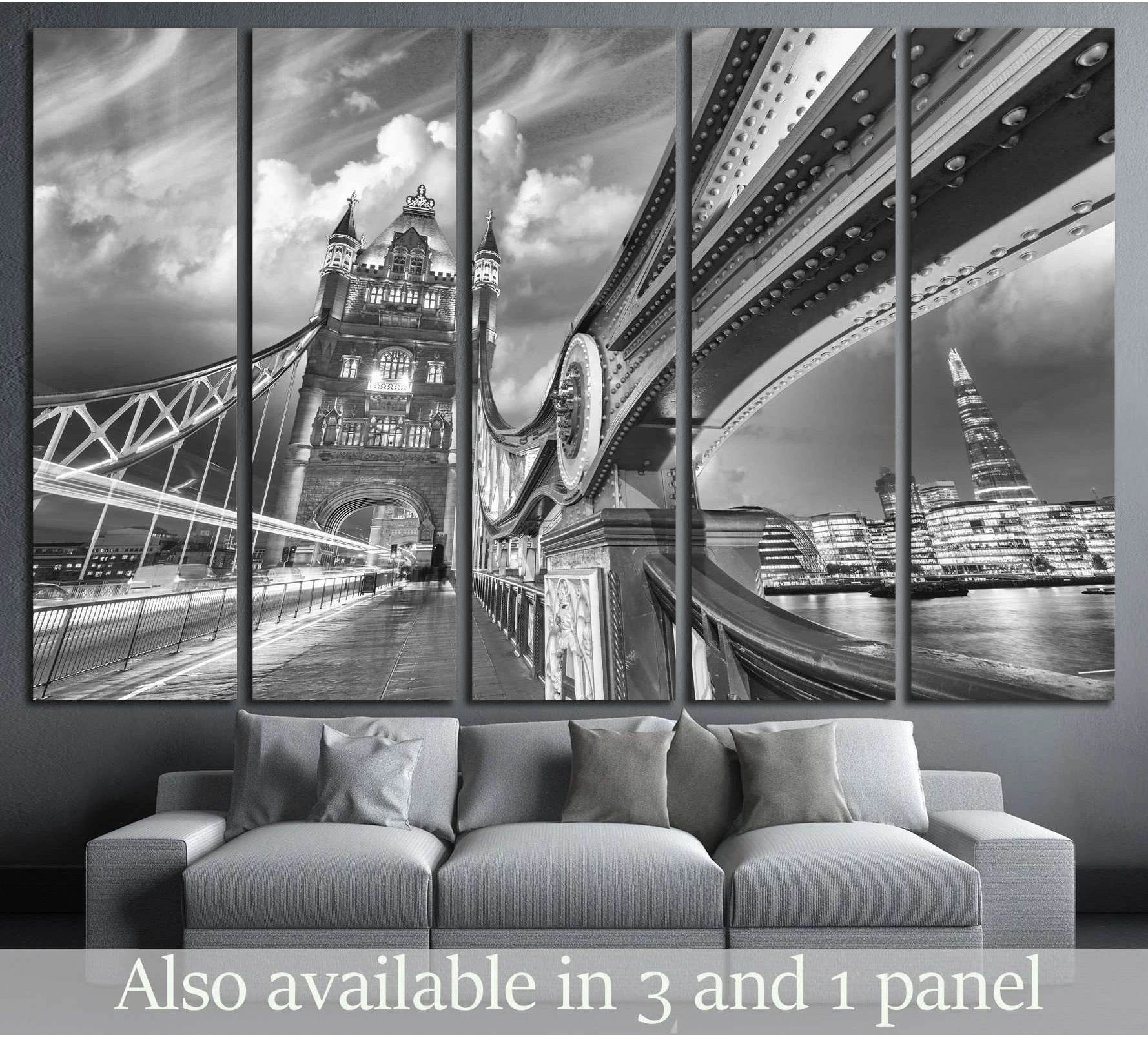 Black and white Tower Bridge London canvas print with The Shard above a sofa
