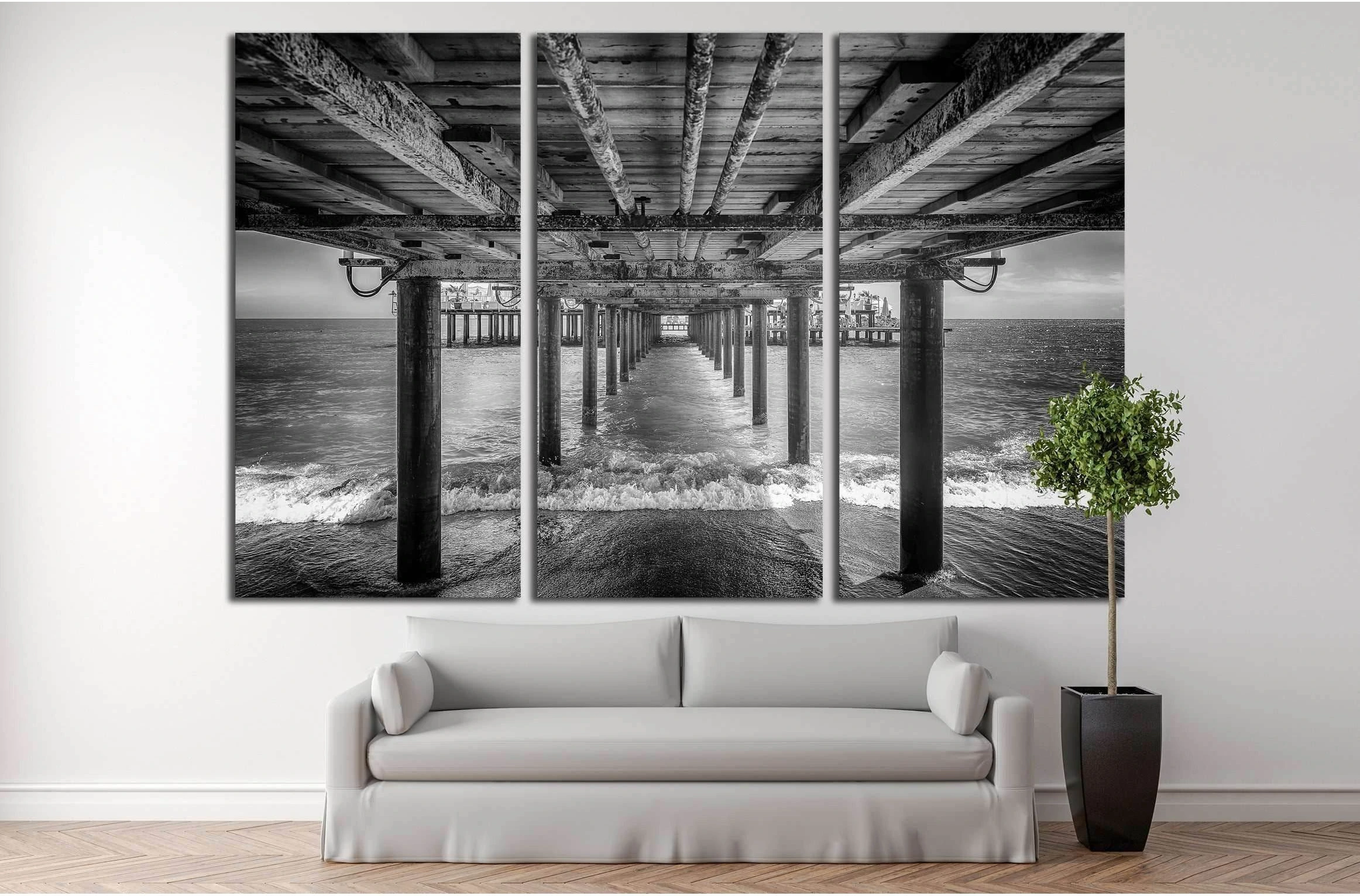 A black and white photograph of the underside of a pier with a rest area at the end, product view 2