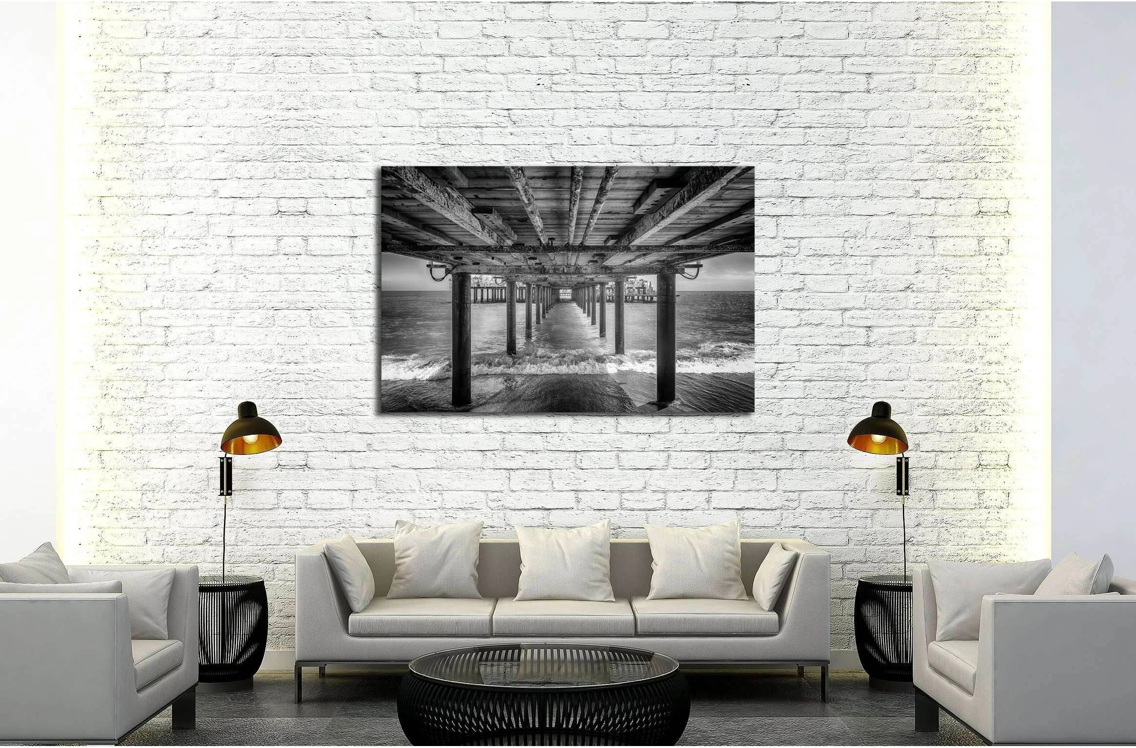 A black and white photograph of the underside of a pier with a rest area at the end, product view 3