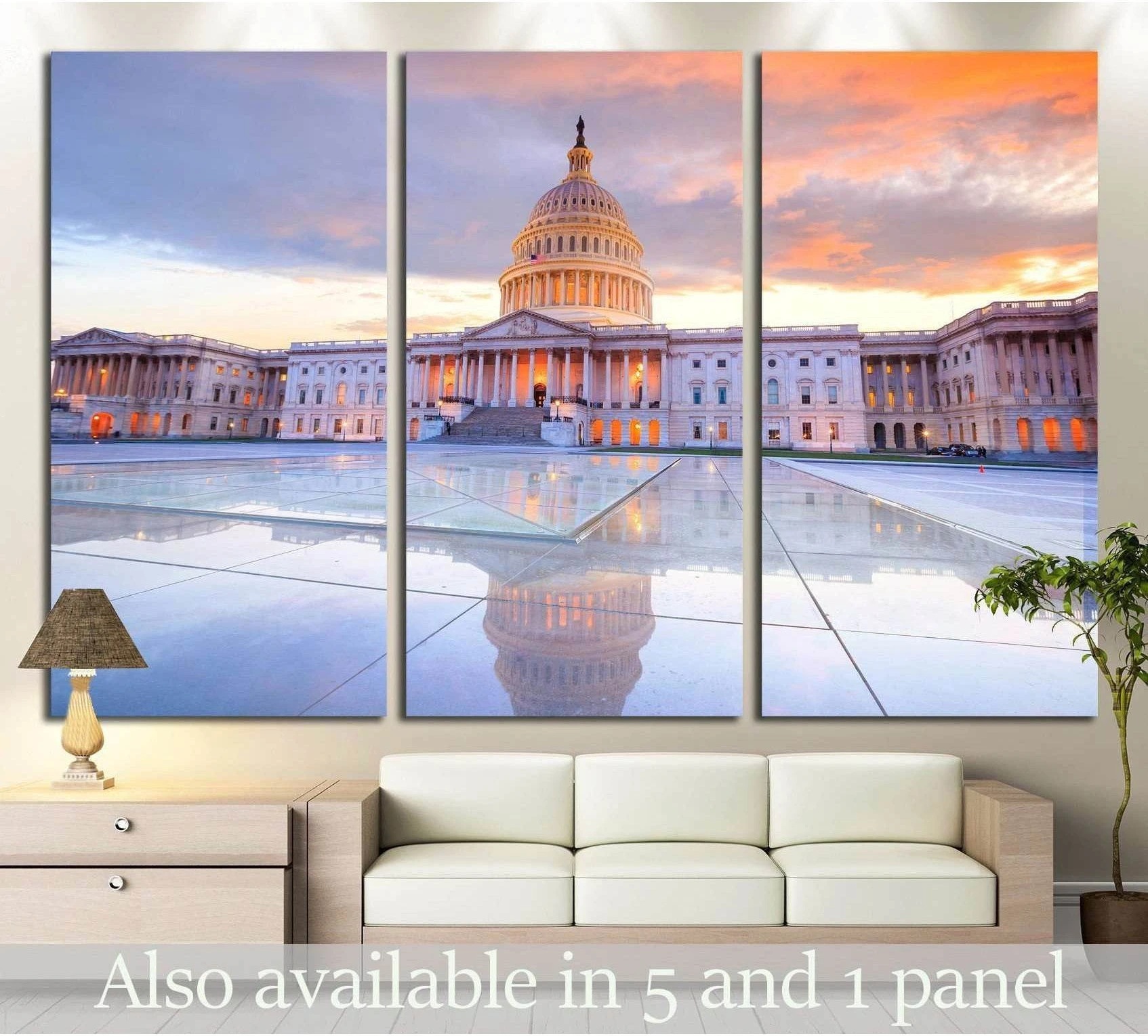 US Capitol canvas print with glowing dome at sunset above a sofa in a modern living room
