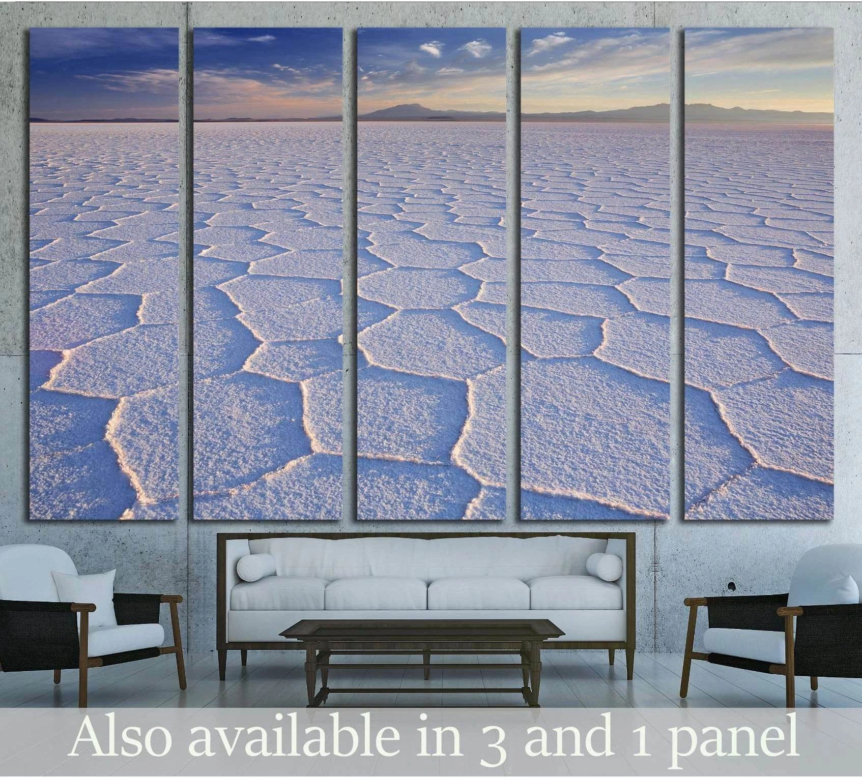 Salar de Uyuni salt flats canvas print in pastel sunrise tones displayed above a sofa in a modern living room