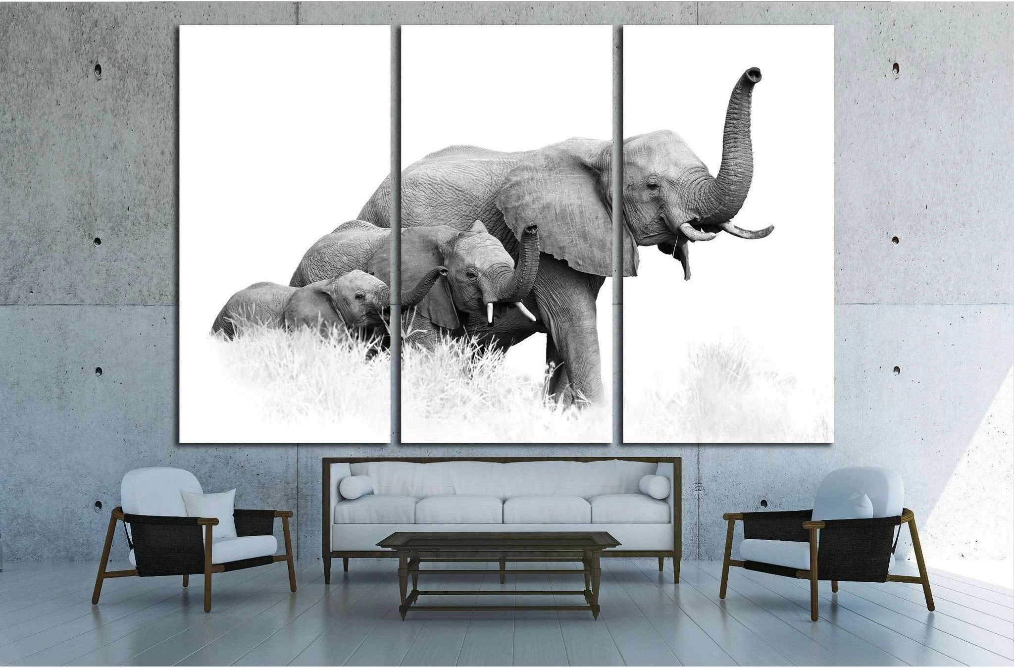 three African Bush Elephants, Loxodonta africana, Kruger, SA №1834 Ready to Hang Canvas Print - Zellart Canvas Prints ALL_Products, Elephant, s-1834