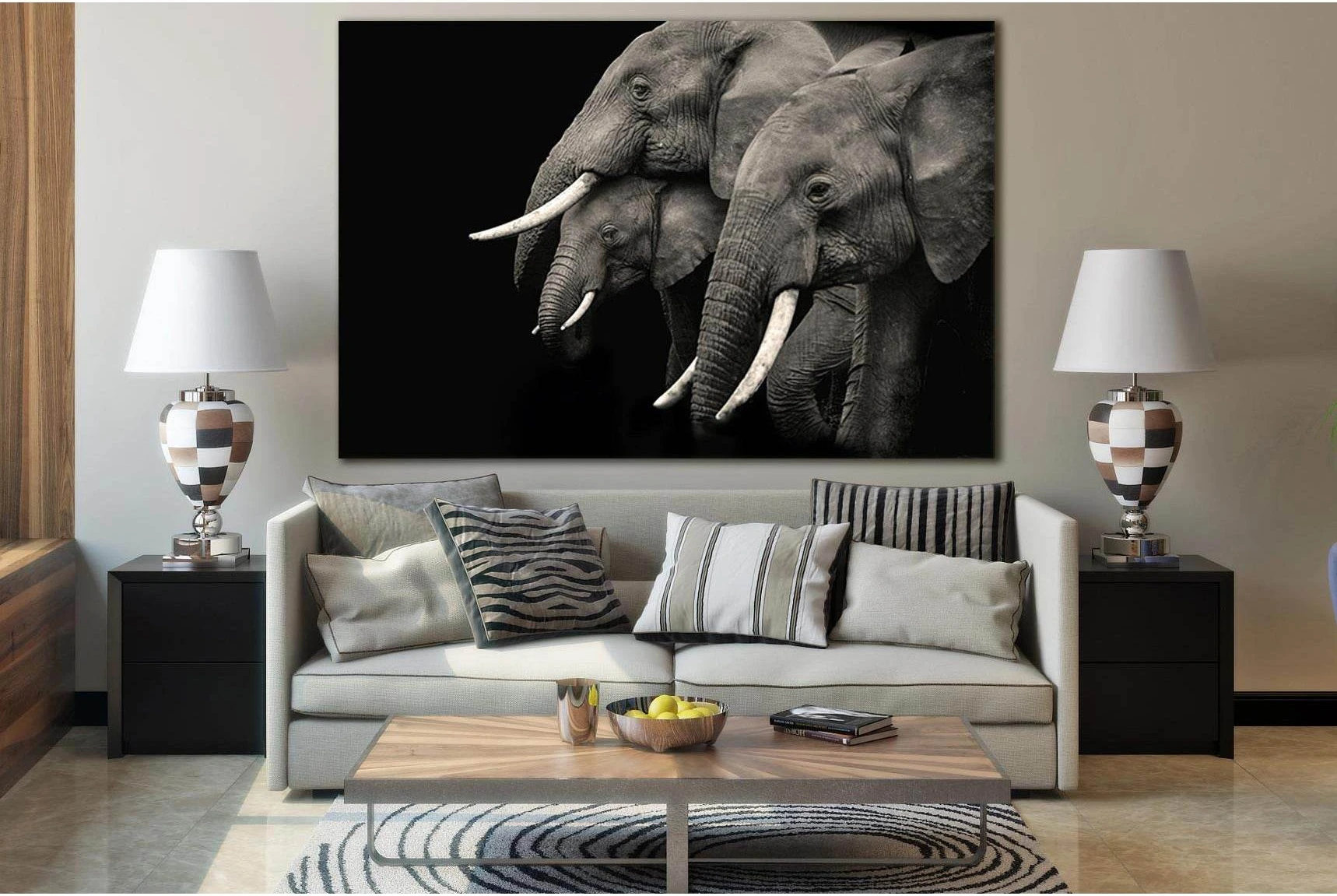 Three Elephants On Black Background №SL874 Ready to Hang Canvas Print - Zellart Canvas Prints 0new, ALL_Products, Black & White Wall Art, Elephant
