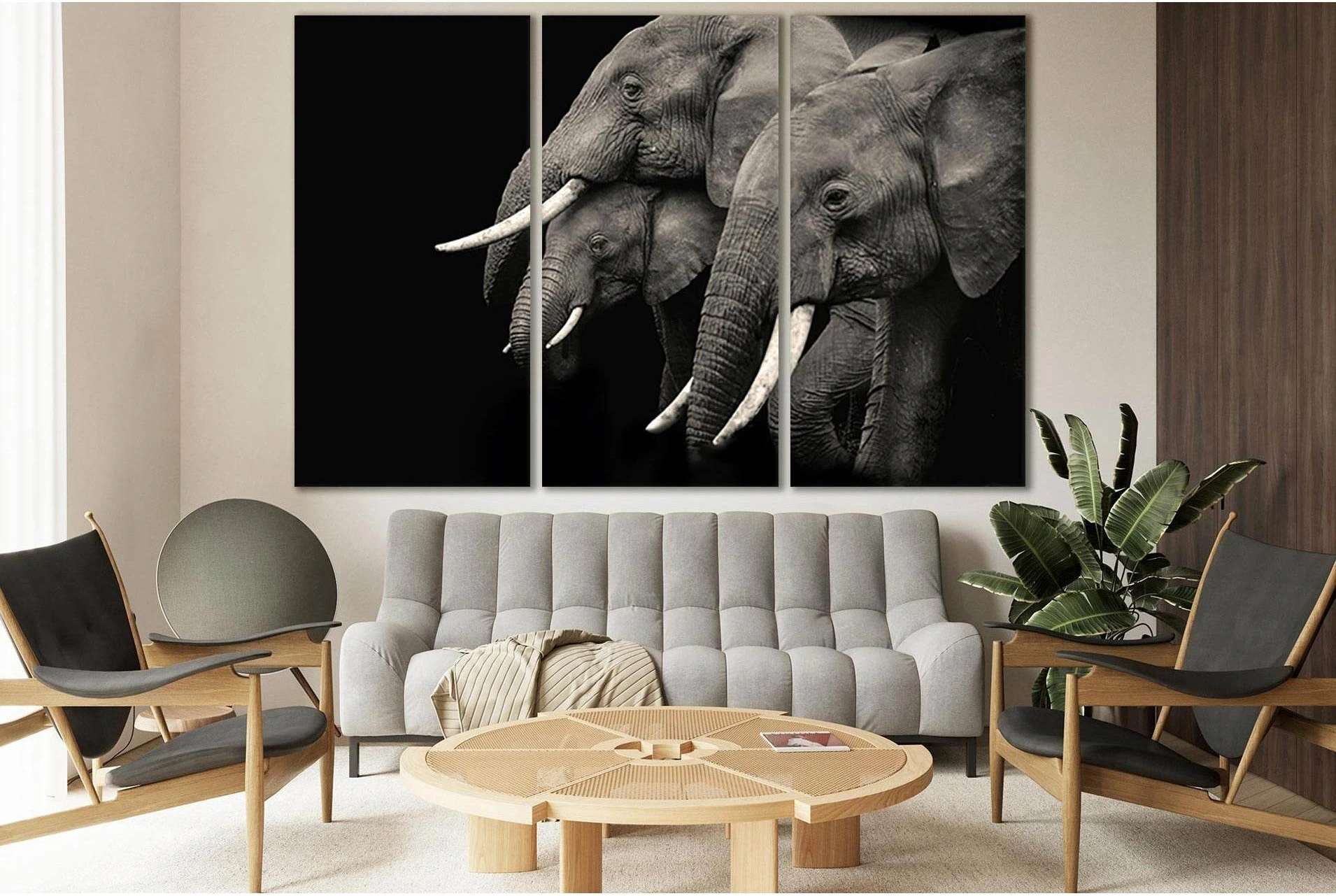 Three Elephants On Black Background №SL874 Ready to Hang Canvas Print - Zellart Canvas Prints 0new, ALL_Products, Black & White Wall Art, Elephant