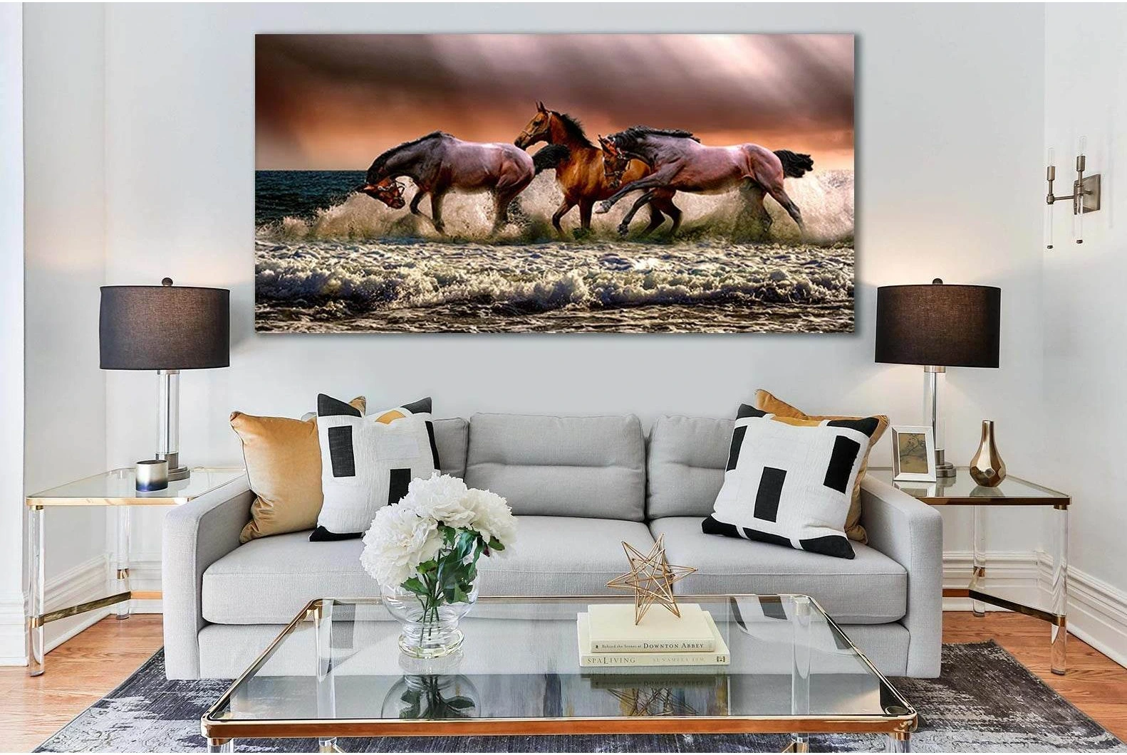 Three Horses In The Sea №SL187 Ready to Hang Canvas Print - Zellart Canvas Prints 0new, ALL_Products, Beach Ocean & Waves, Horses