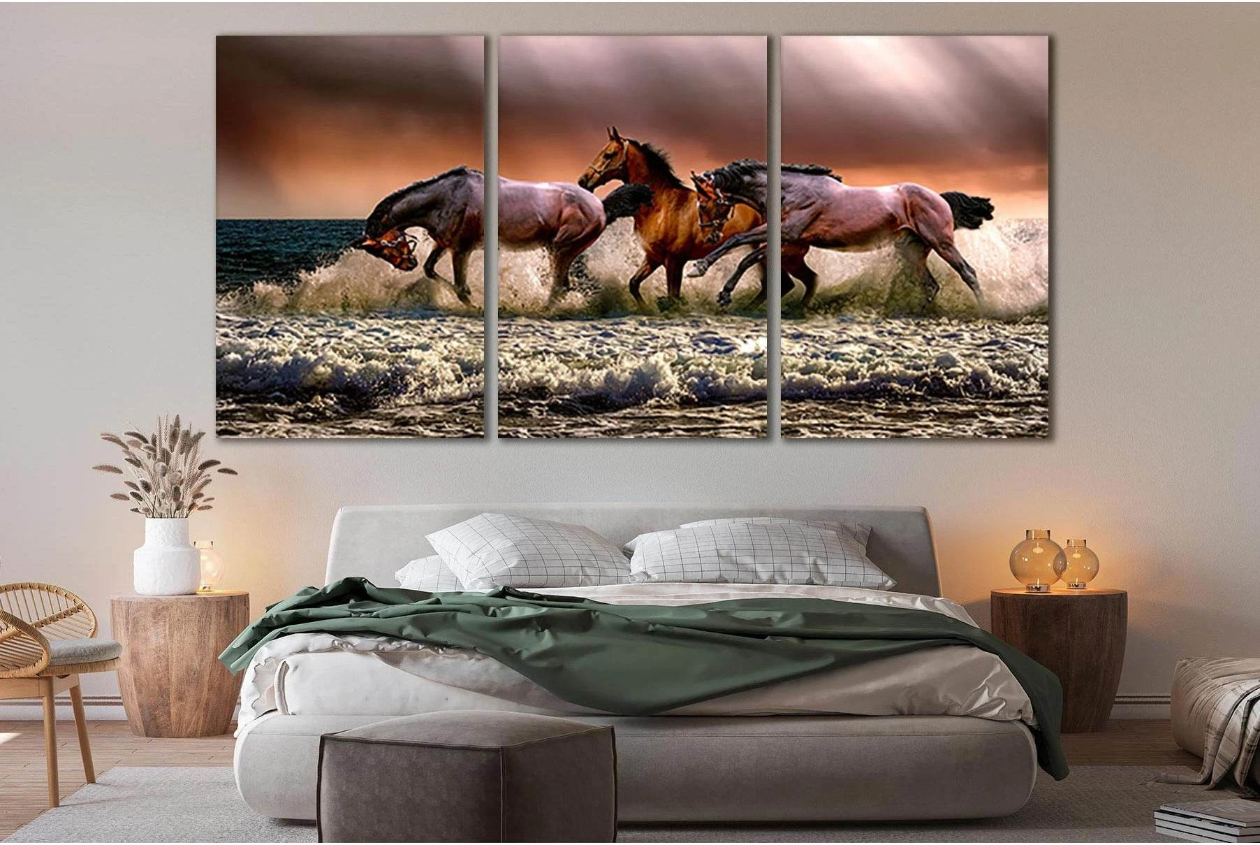 Three Horses in the Sea Wall Art with Sunset Waves showing ocean water, wave movement and surf.