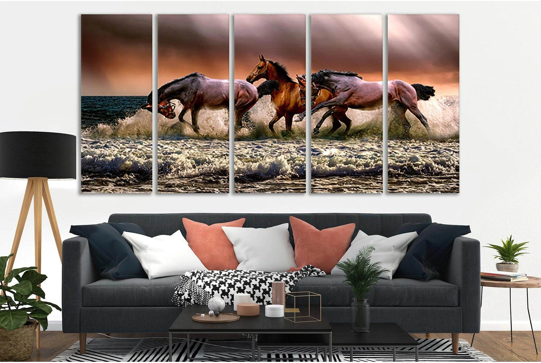 Three Horses In The Sea №SL187 Ready to Hang Canvas Print - Zellart Canvas Prints 0new, ALL_Products, Beach Ocean & Waves, Horses