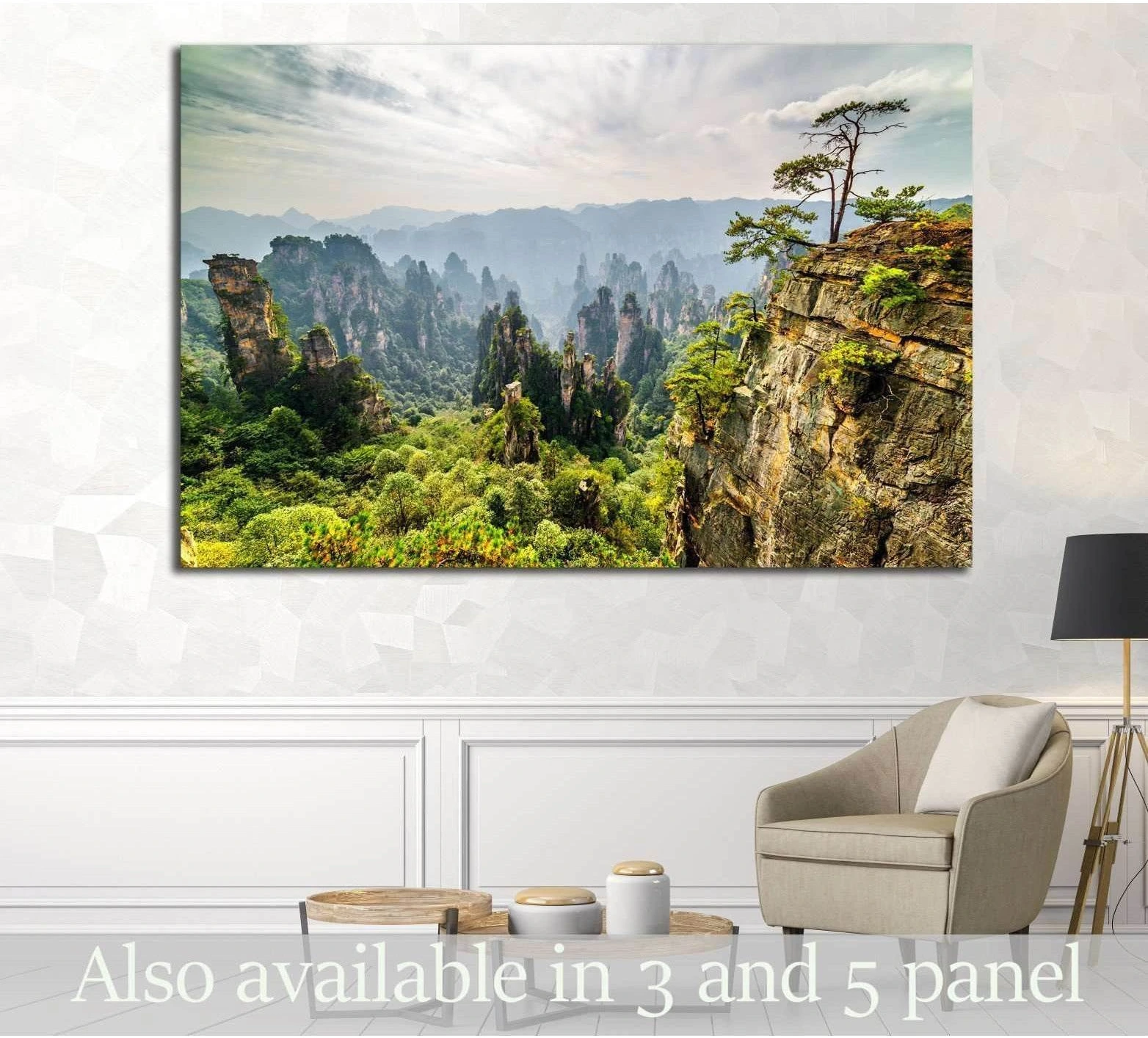 Tianzi Mountains canvas print showing misty Zhangjiajie sandstone peaks above a chair in a modern living room