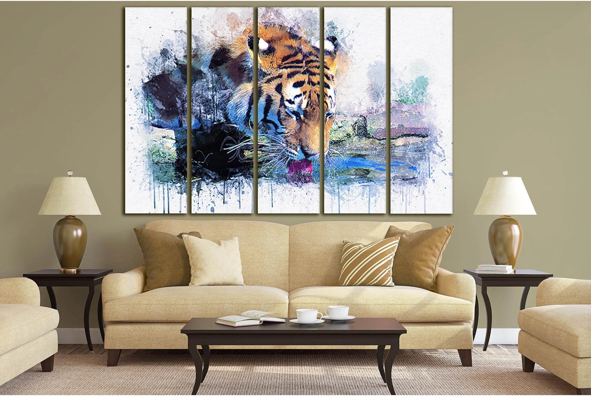 Tiger Drinks Water Oil Painting №SL576 Ready to Hang Canvas Print - Zellart Canvas Prints 0new, ALL_Products, Oil Painting Wall Art, Tiger