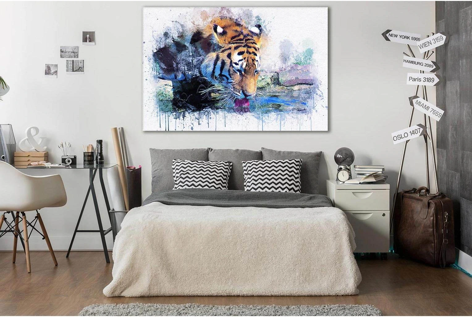Tiger Drinks Water Oil Painting №SL576 Ready to Hang Canvas Print - Zellart Canvas Prints 0new, ALL_Products, Oil Painting Wall Art, Tiger